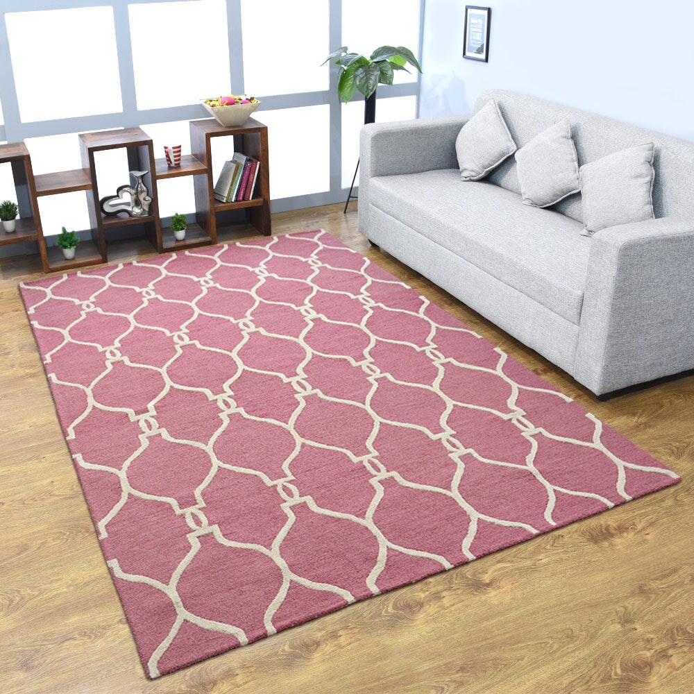 Hand Tufted Wool Area Rug Pink Beige Geometric Design K01004 Soft High-Pile