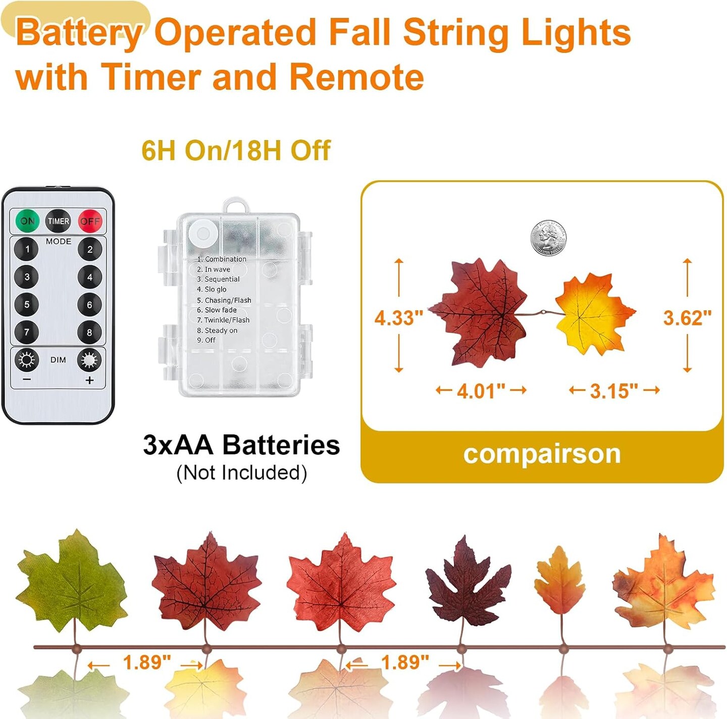 Remote, 50 LED Battery Operated Fall Garlands Decor, Autumn Maple Leaf Lights for Home Halloween Thanksgiving Garland Indoor Outdoor Decoration