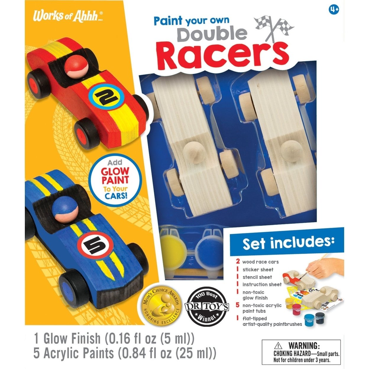 Double Racers Wood Craft And Paint Kit For Kids Non-Toxic Glow In Dark Paint