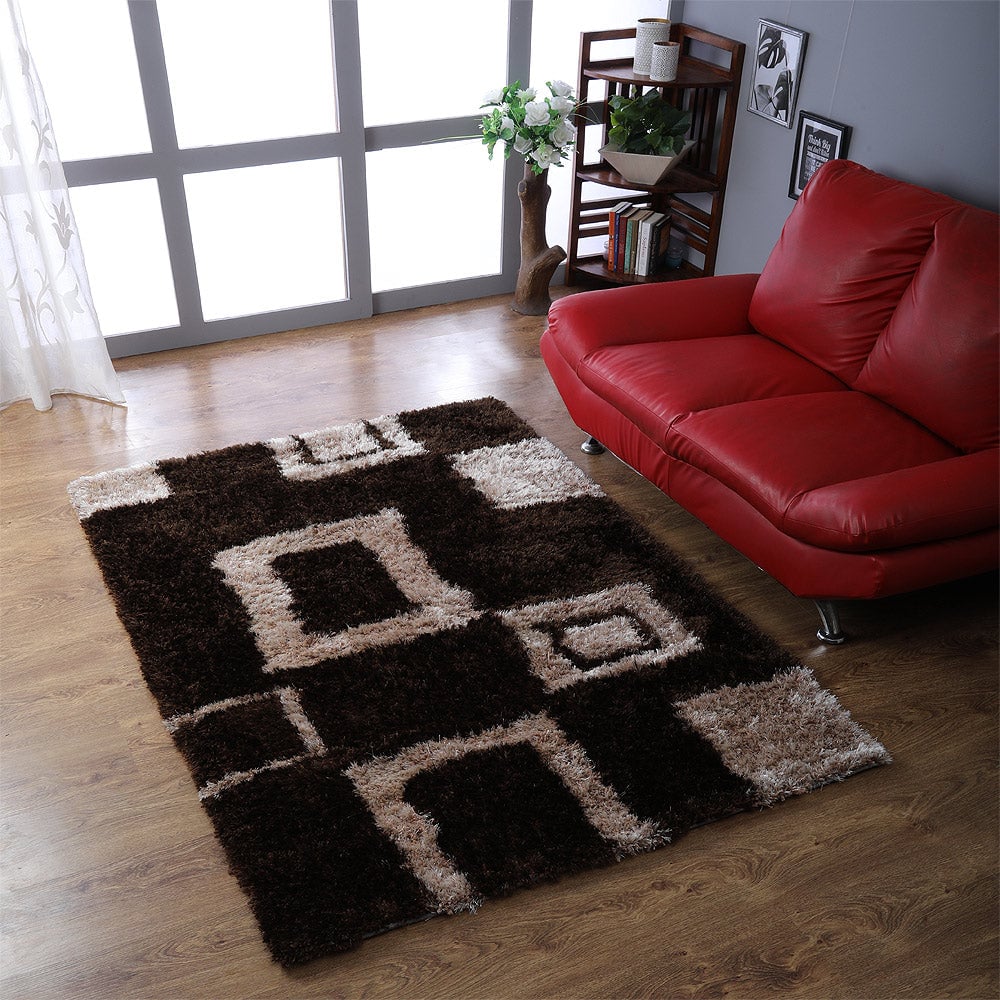 Rugsotic Hand-Tufted Shag Area Rug Geometric Brown Beige 5X7 Polyester K00001