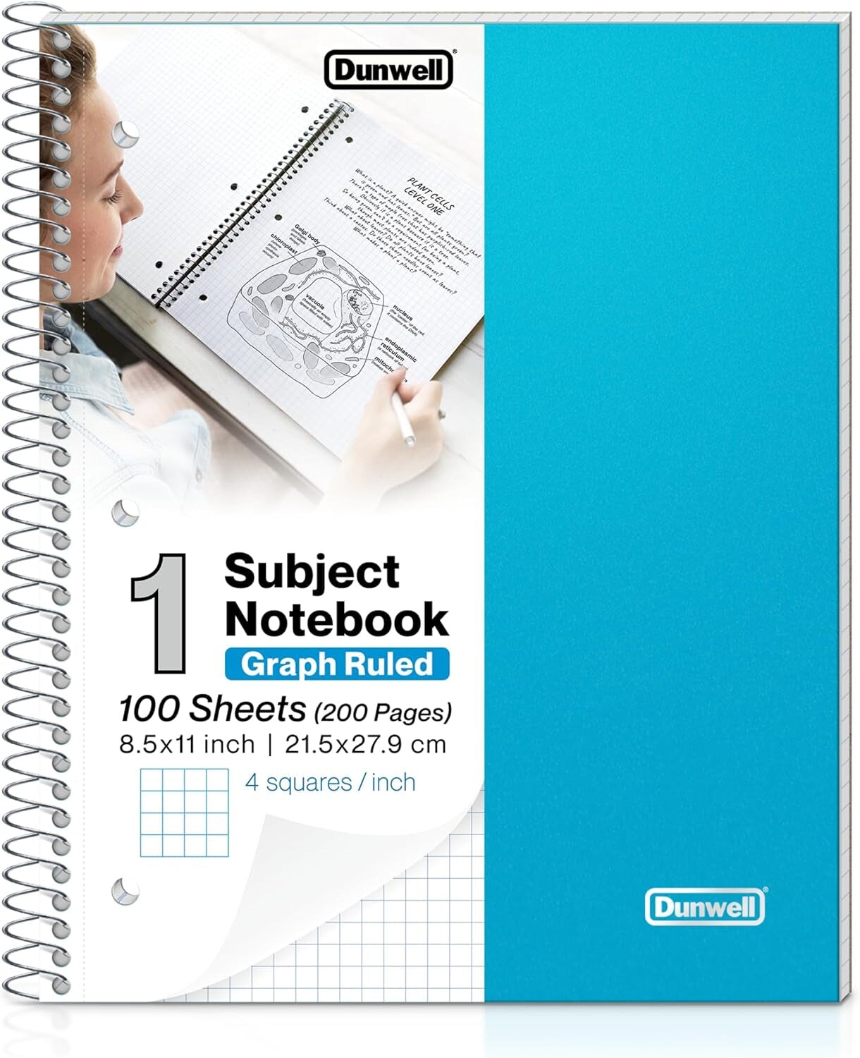 Graph Paper Spiral Notebook (Blue) Plastic Cover, 100 Sheets, 1 Subject 4X4 Graph Paper Notebook 8.5 X 11, Graphing Notebook, 1/4 Inch Grid Graph Ruled Notebook, Poly Divider with Pockets