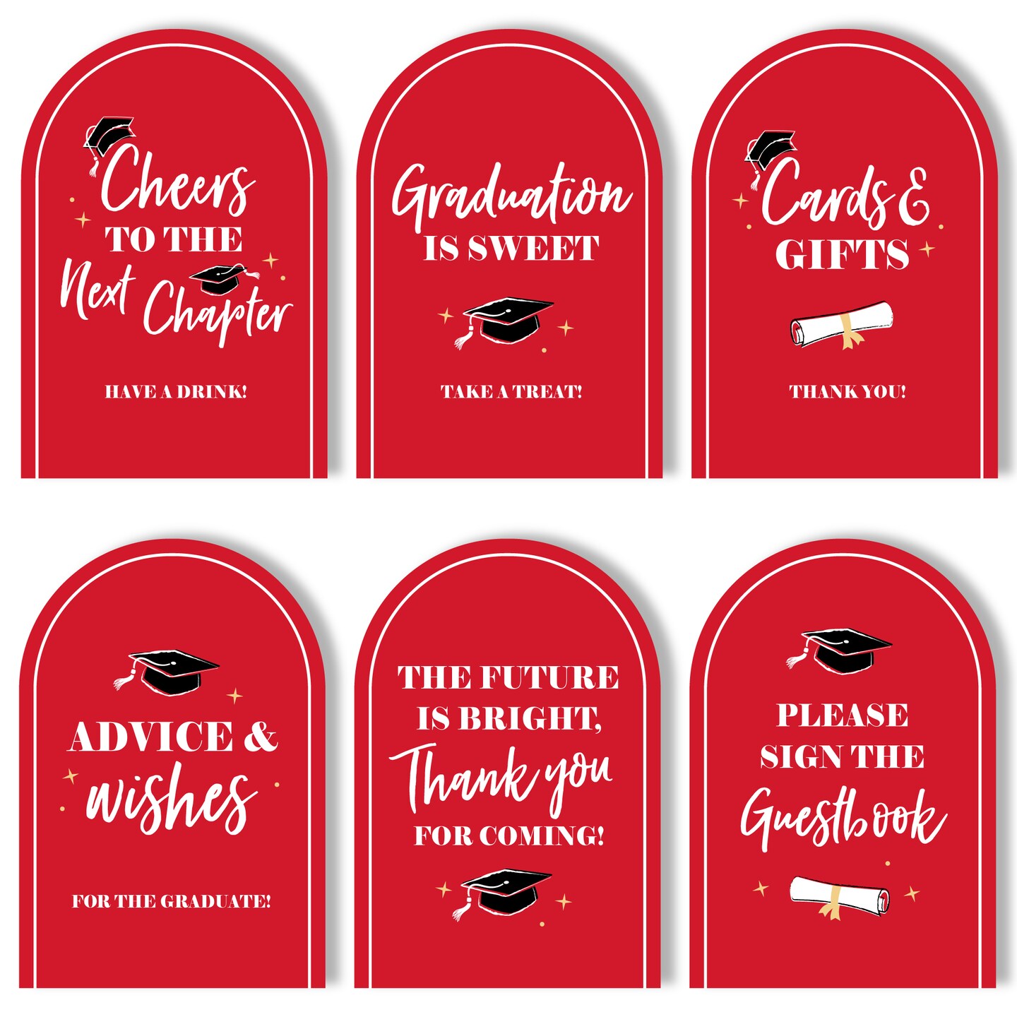Big Dot of Happiness Red Graduation Party Signs with Stand Set, Table Sign Bundle Food, Drinks, Cards & Gifts, Guestbook, Advice Wishes,Favors, 6 Ct