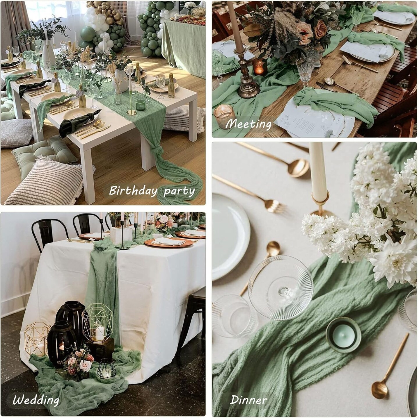 12 Pack Dusty Sage Green Cheesecloth Table Runners – 10Ft Long Boho Gauze Table Decor for Weddings, Bridal Showers, Birthdays, 35"x120"