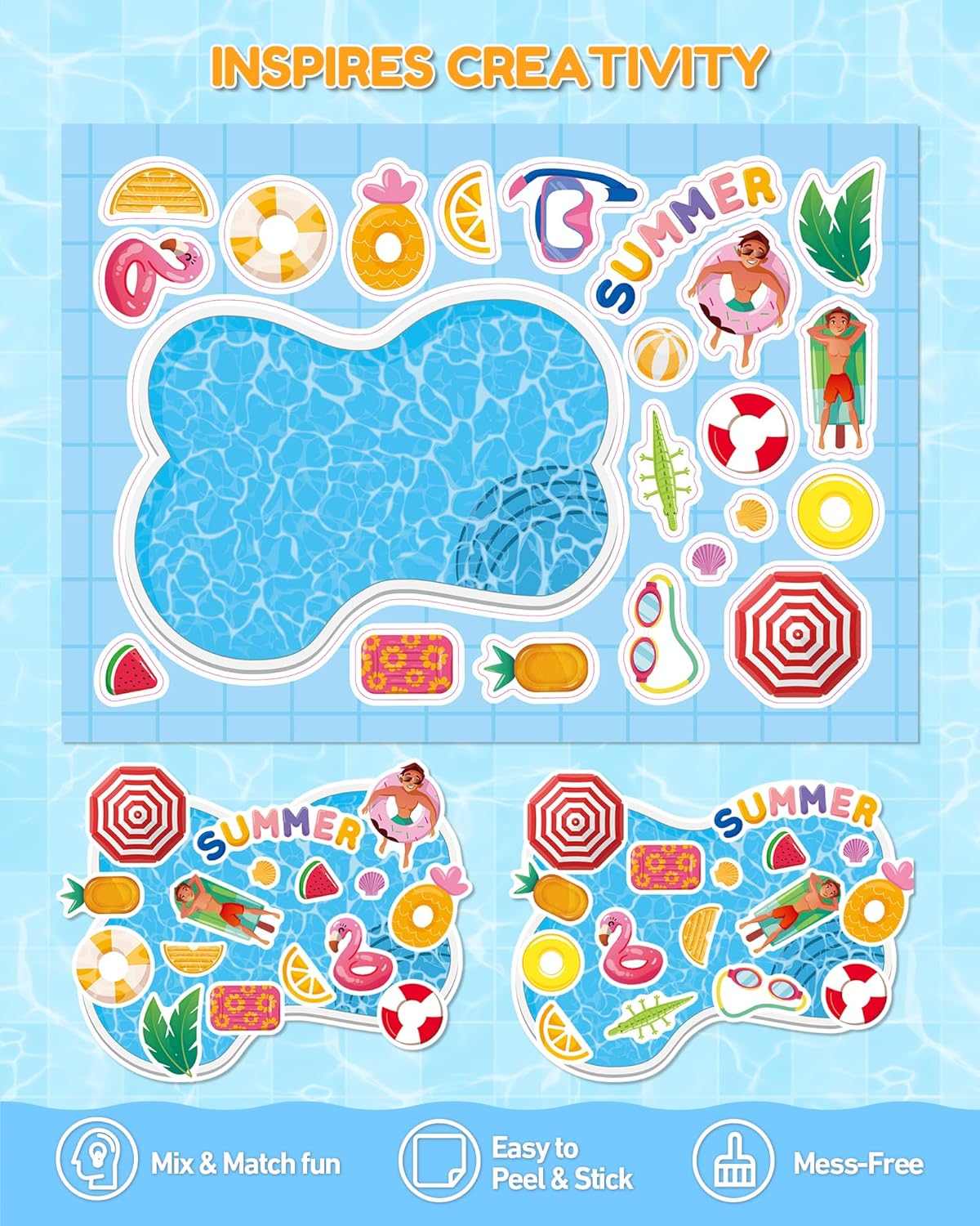 32 Sheets Make‑a‑Pool Stickers for Kids – Mix & Match Craft Kit – Summer Party Favors & Activities