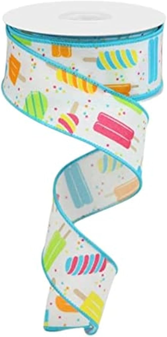 Popsicle Print Wired Edge Ribbon for Summer Bows, Wreaths, Gift Wrap, Crafts, and Decorations (1.5 Inches Wide x 10 Yards - White, Pink, Orange, Yellow, Multi - Royal Burlap)