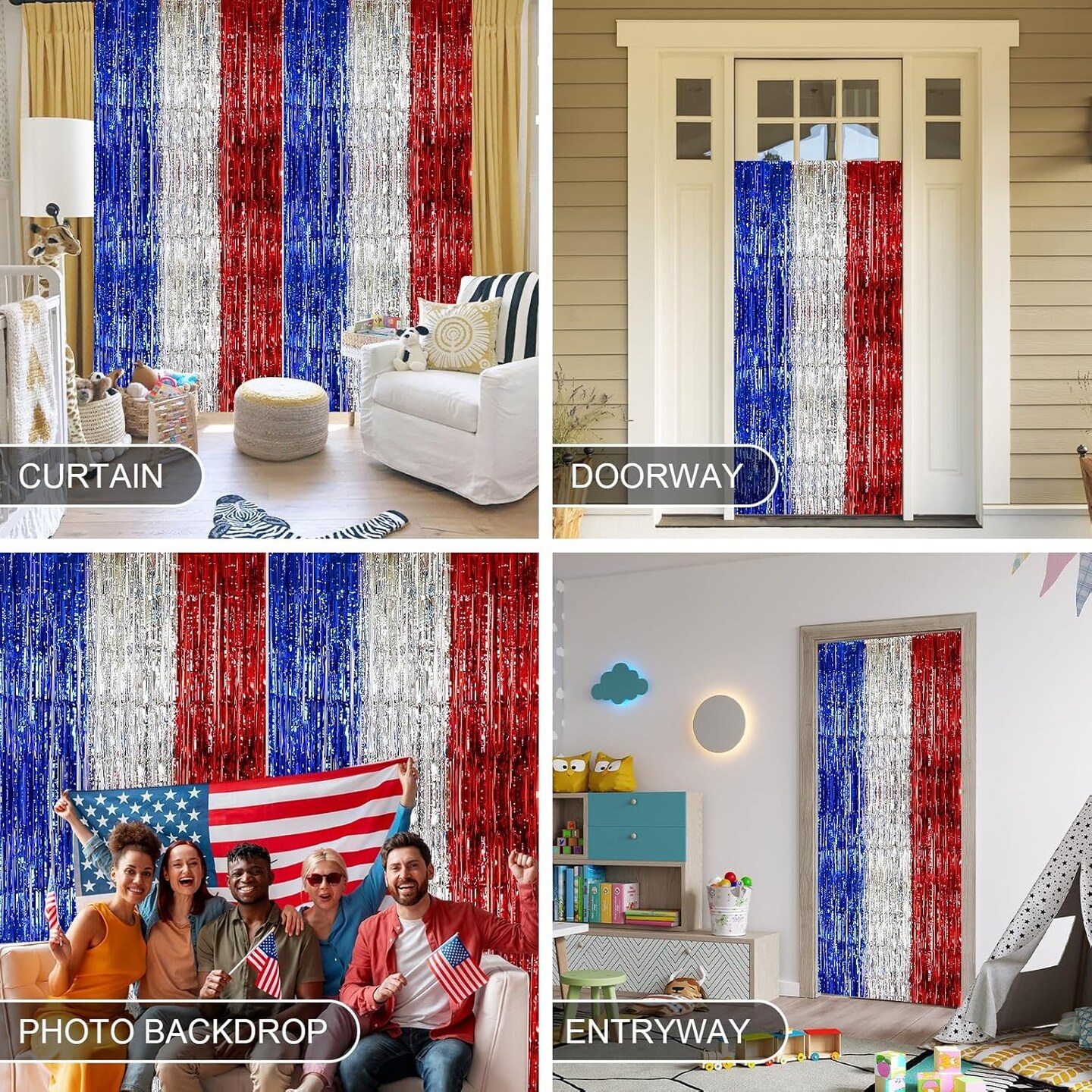 4th of July &#x26; Veterans Day Decorations, 2 Packs 3.3 x 6.6 ft Red White and Blue Foil Fringe Curtains, Tinsel Streamers for Patriotic Parties