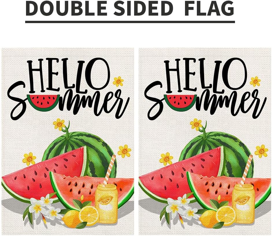 Hello Summer Garden Flags for Outside 12x18 Inch Double Sided Burlap, Watermelon Floral Lemon Sunshine Sign Small Flag Farmhouse Holiday Yard Lawn Outdoor Decorations