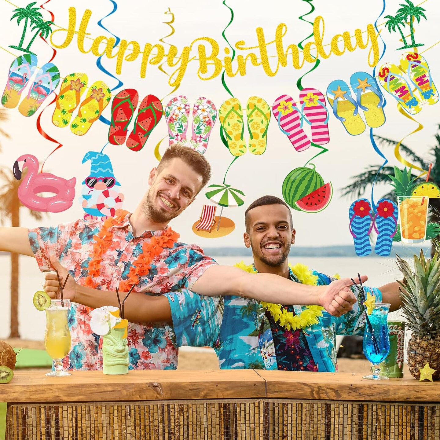 Summer Birthday Party Decorations - Beach Party Pool Decor 10PCS Hanging Swirl Banner Flip Flop Slippers Swirls Summer Birthday Hawaiian Supplies for Holiday Celebration Outdoor