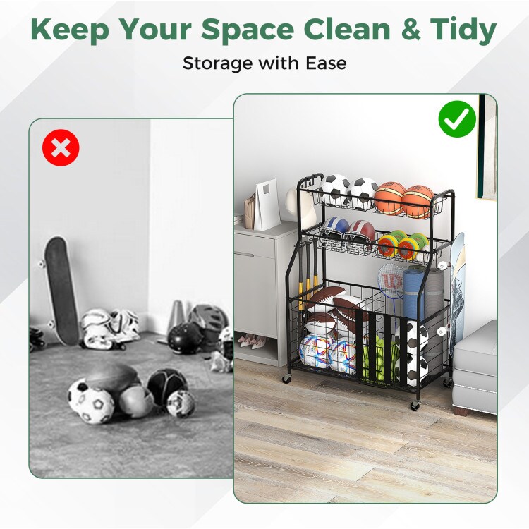 Rolling Sports Equipment Organizer – Multi-Storage Rack with Bins