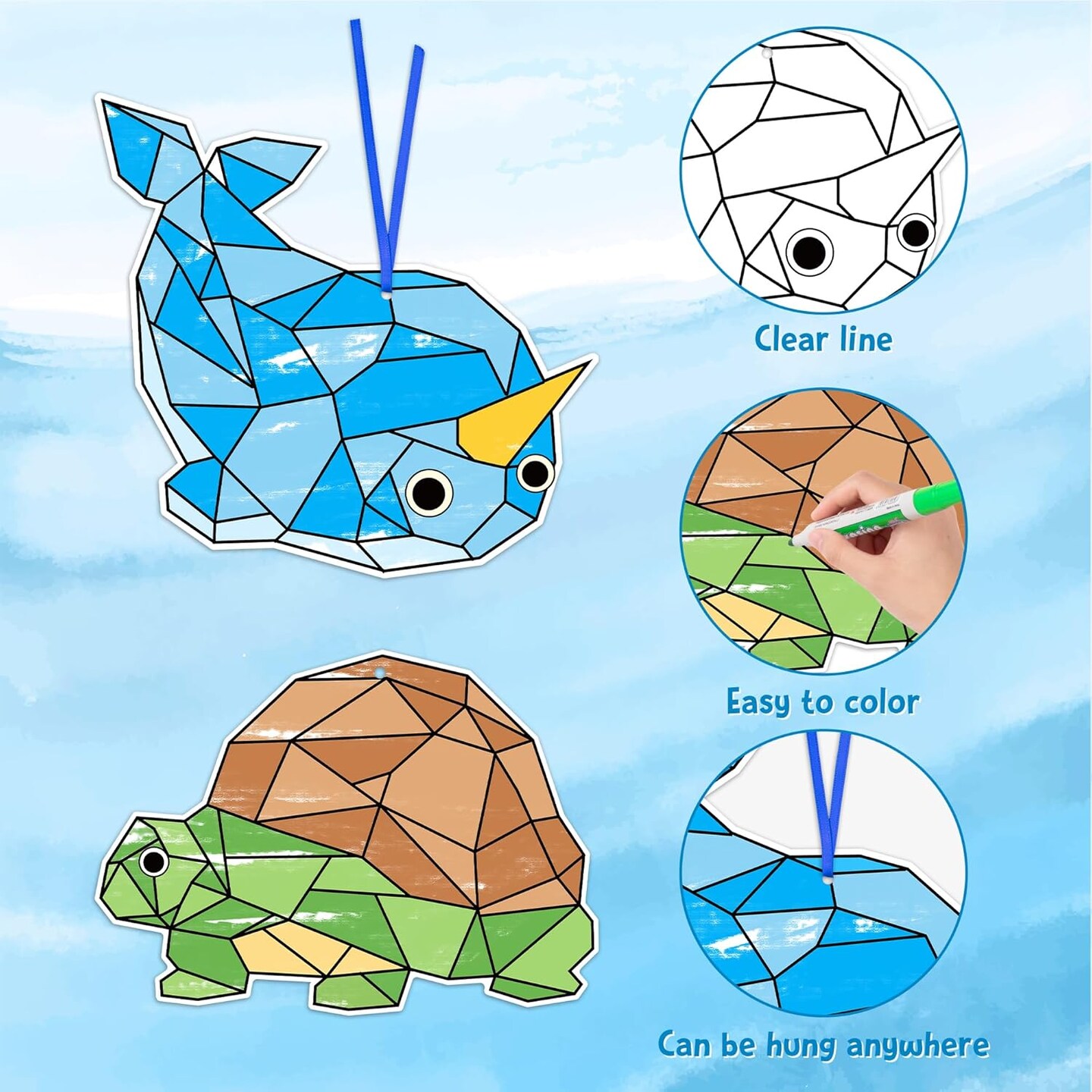 Coloring Ocean Animals Kit - 83Pcs Color Your Own Ocean Animals Kit for Kids DIY Coloring Craft Kit Coloring Sea Animals Geometric Card Decor School Classroom Summer Party Activity