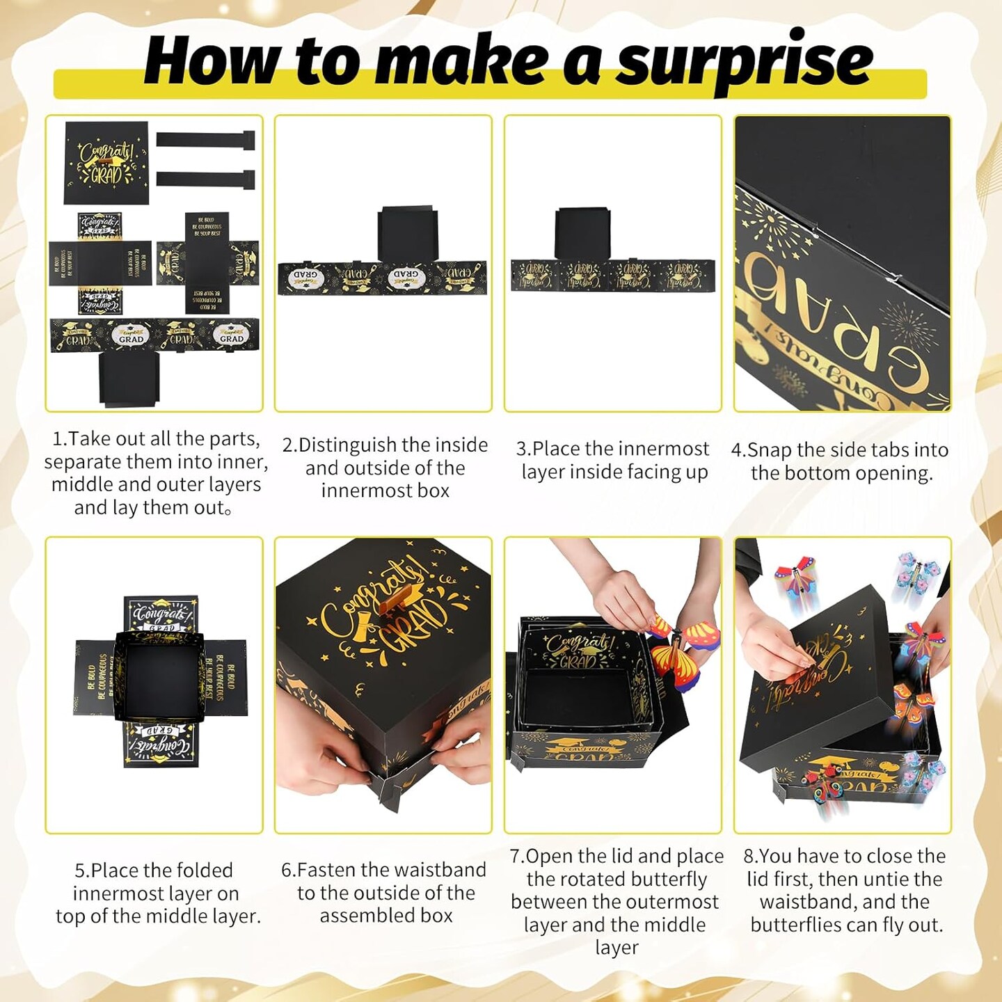 Graduation Flying Butterfly Surprise Box, Graduation Explosion Surprise Gift Box, Butterfly Party Favors DIY Exploding Surprise Butterfly Gift Box Graduation Gift for Graduate, 7.9x7.9x5