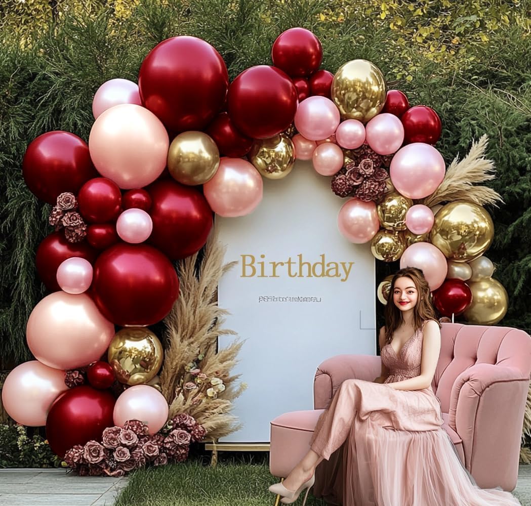 Burgundy Pink Balloon Garland - Double Stuffed Ruby Red Pearl Pink Gold Balloon Arch Kit Wine Red Maroon Metallic Balloons for Birthday Baby Bridal Shower Mother&#x27;s Day Engagement Wedding Party Decor
