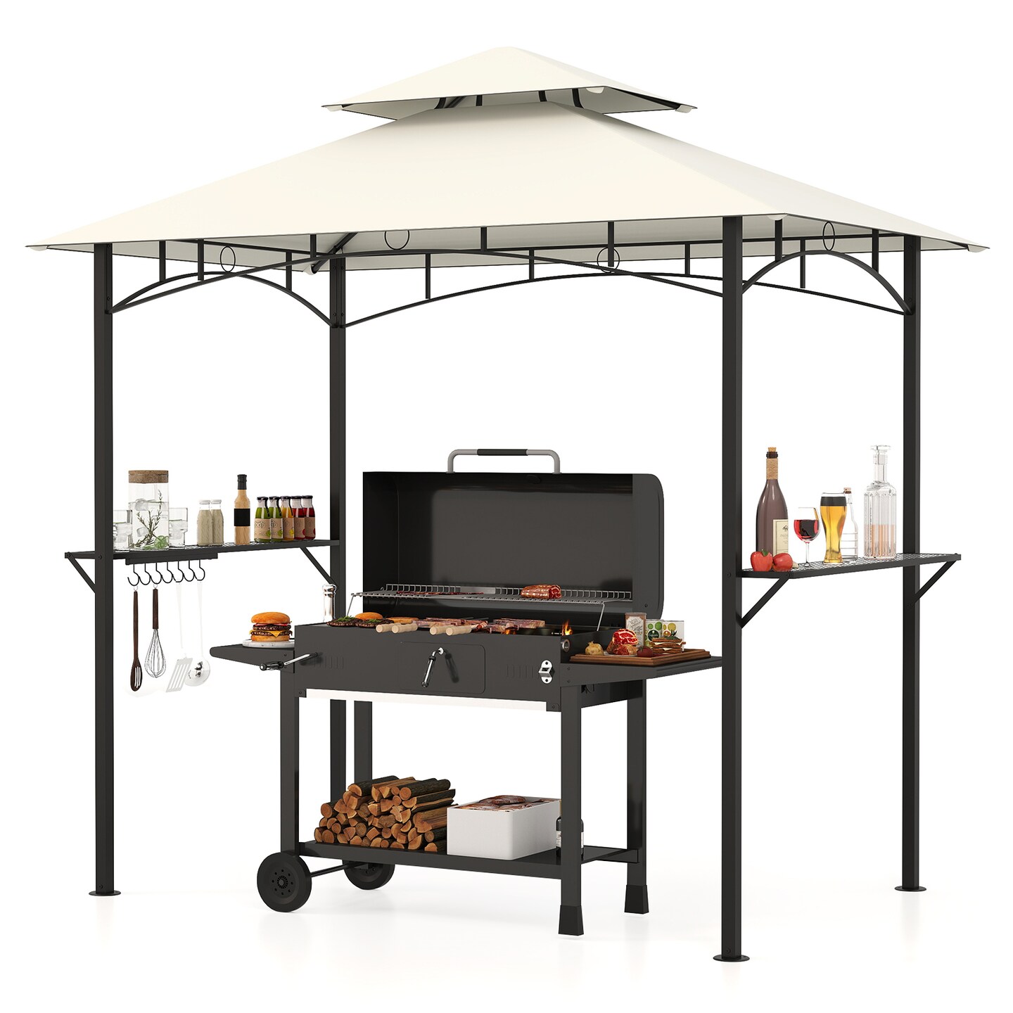 Multi-functional Outdoor Double-Tiered Grill Gazebo Canopy with 2 Side Shelves and 7 Hooks
