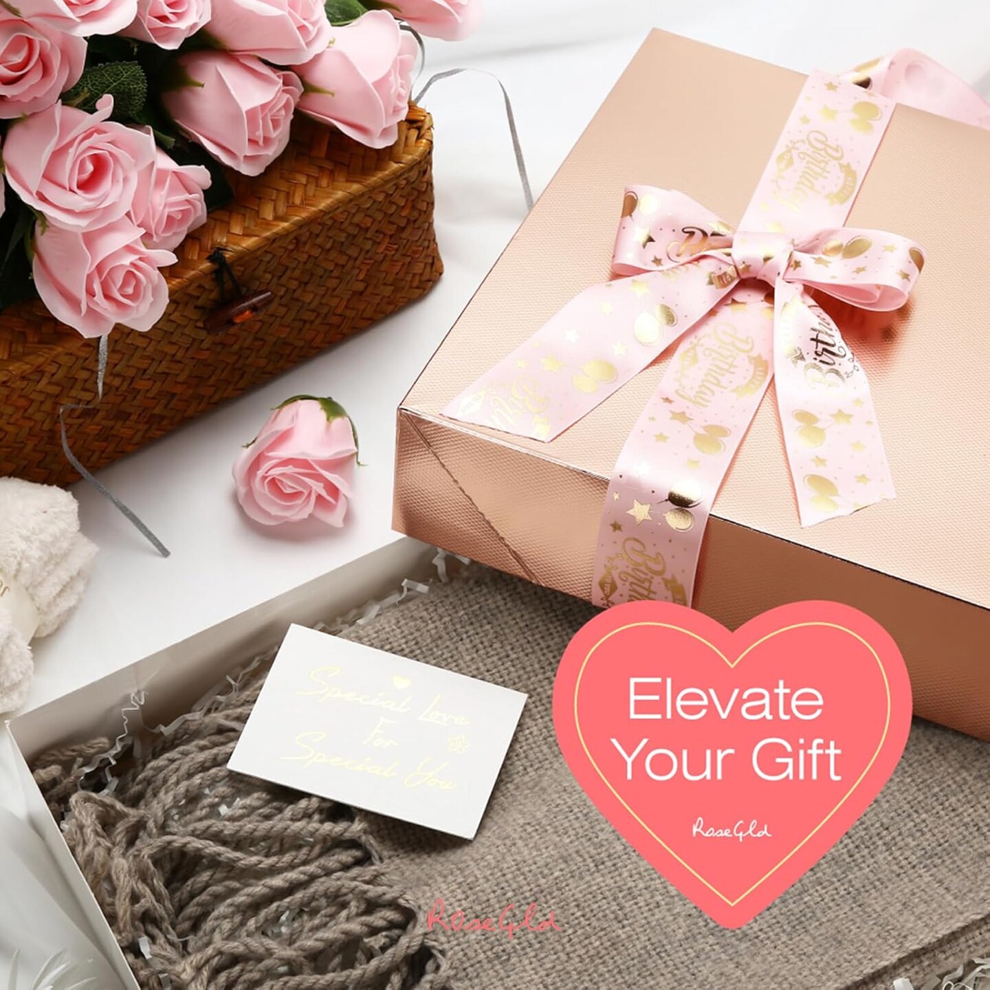6 Extra Large Gift Boxes with Lids 17x11x2.5 Inches, Gift Boxes for Clothes, Apparel Gift Boxes, Clothing Gift Boxes, Rose Gold Gift Wrap Boxes (Glossy Rose Gold with Grain Texture)
