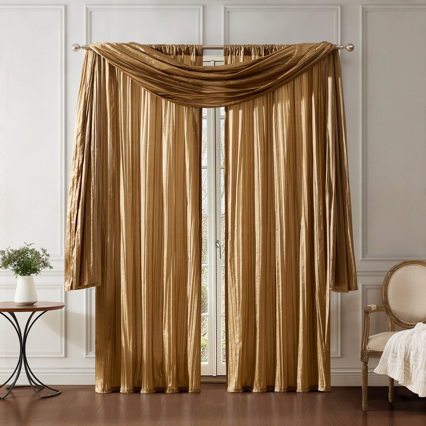 Threadmade Home Athena Faux Silk Window Curtain and Scarf Set, Gold - 52"W x 108"L