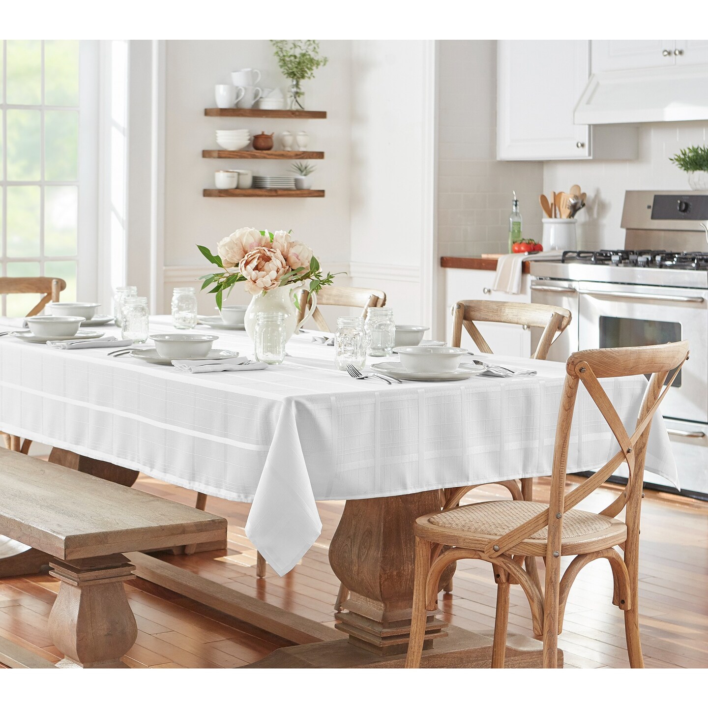 Threadmade Home Elegance Plaid Jacquard Tablecloth, White - 60"W x 102"L