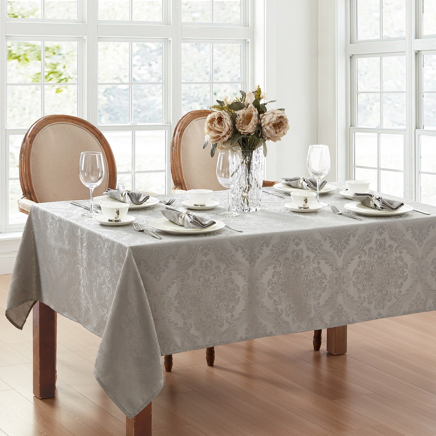 Threadmade Home Caiden Elegance Damask Tablecloth, Silver - 60"W x 102"L