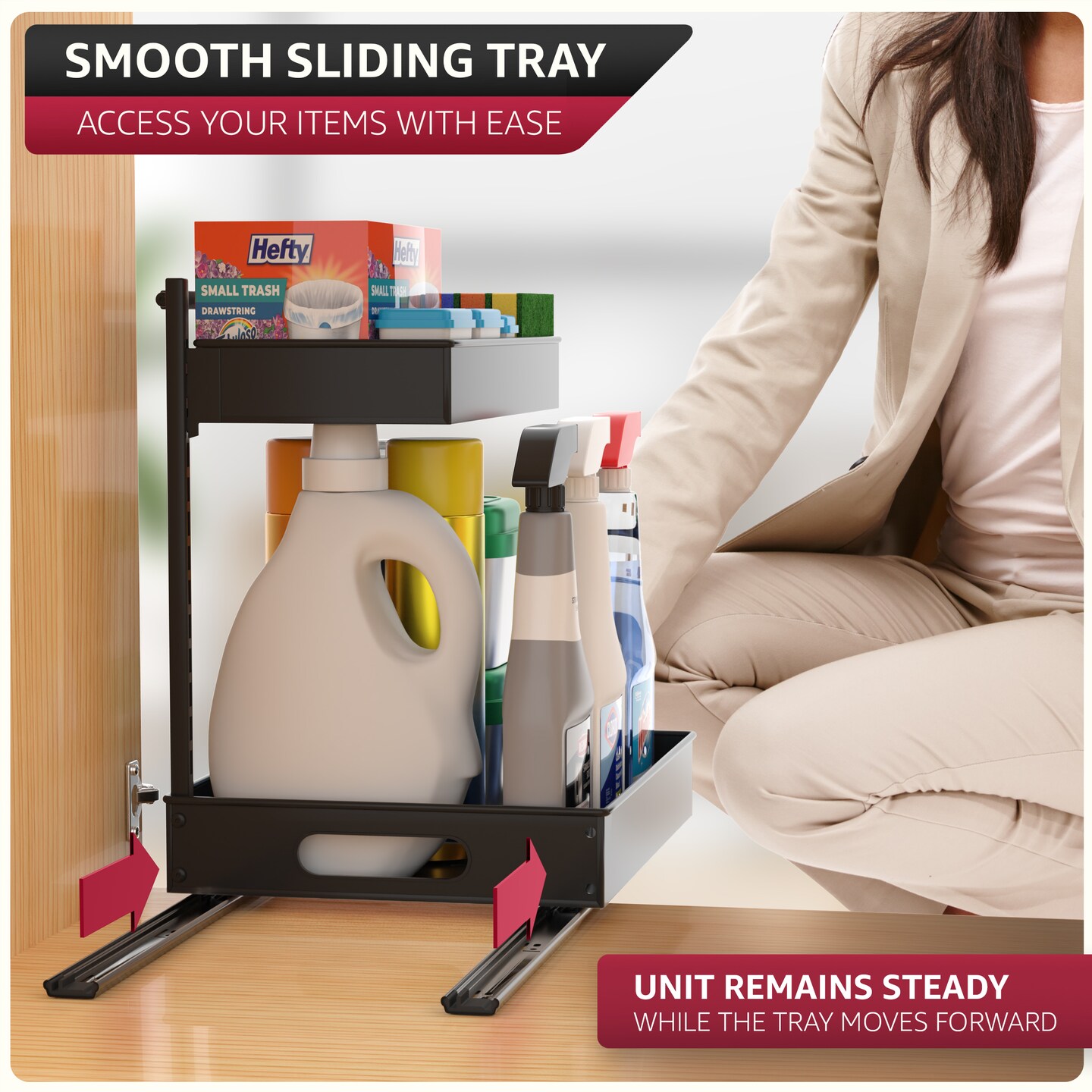 Sorbus Under Sink Organizer with Sliding Tracks and Adhesive Tape - 2-Tier Pull-Out Storage Rack for Kitchen and Bathroom - No Drill Under Sink Organization Storage Cabinet Shelf