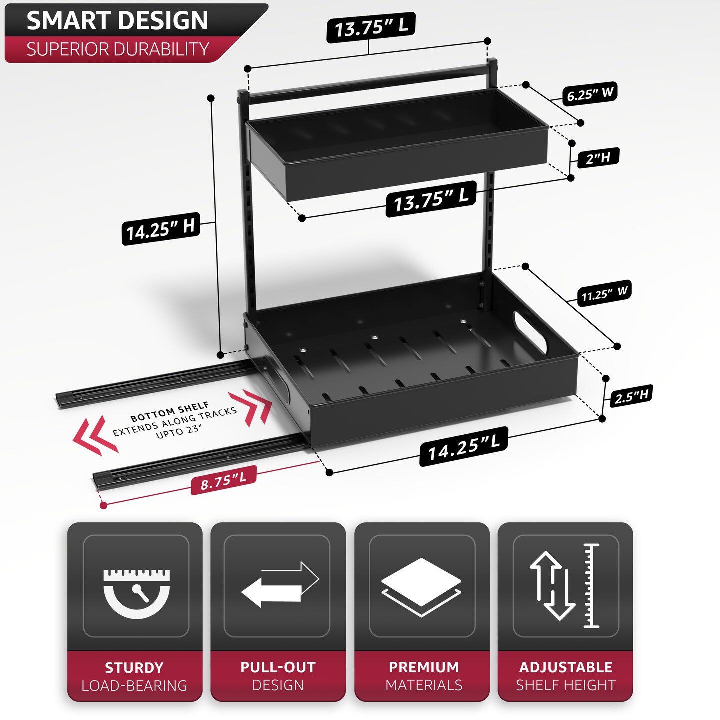Sorbus Under Sink Organizer with Sliding Tracks and Adhesive Tape - 2-Tier Pull-Out Storage Rack for Kitchen and Bathroom - No Drill Under Sink Organization Storage Cabinet Shelf