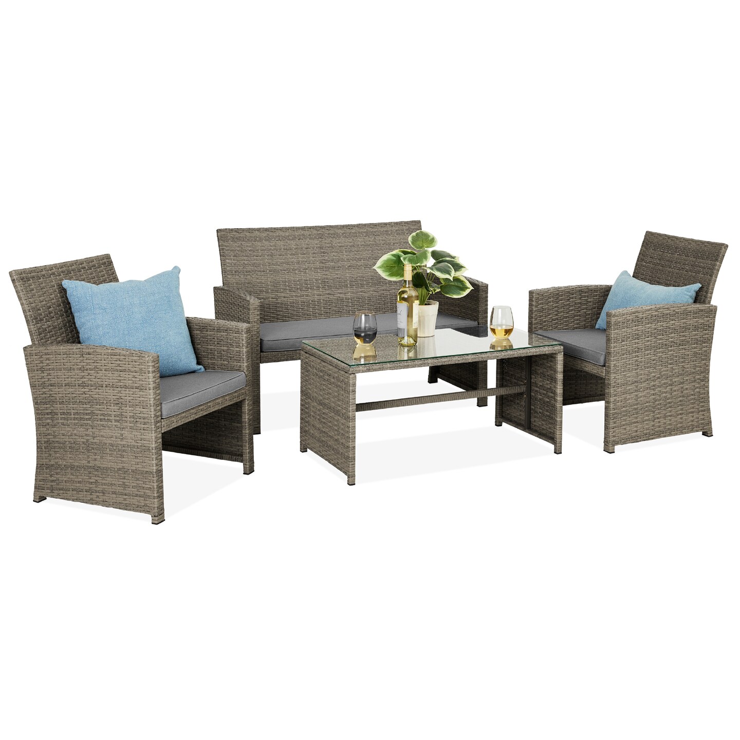 Best Choice Products 4-Piece Outdoor Wicker Patio Conversation Furniture Set w/ Table, Cushions