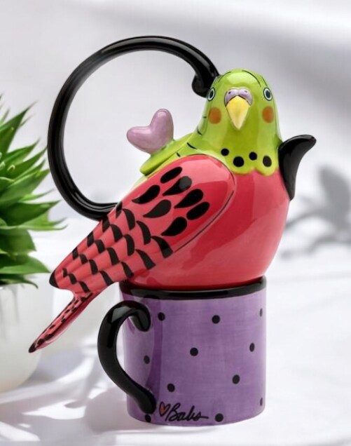Ceramic Pink Parakeet Bird Tea for One, Afternoon Tea Party, Bird Watcher Gift, Gift for Her