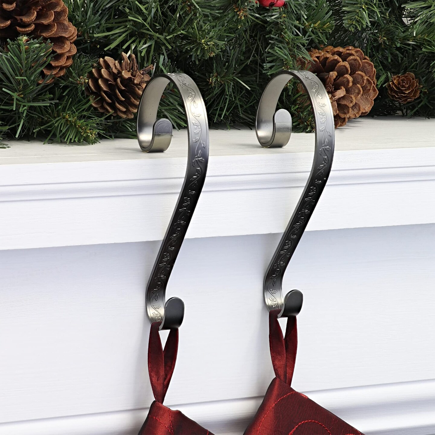 Haute Decor Stocking Scrolls Stocking Hanger - 2 Pack Holly Embossed (Pewter) - Hang Christmas Stockings from mantels of All Shapes and Sizes