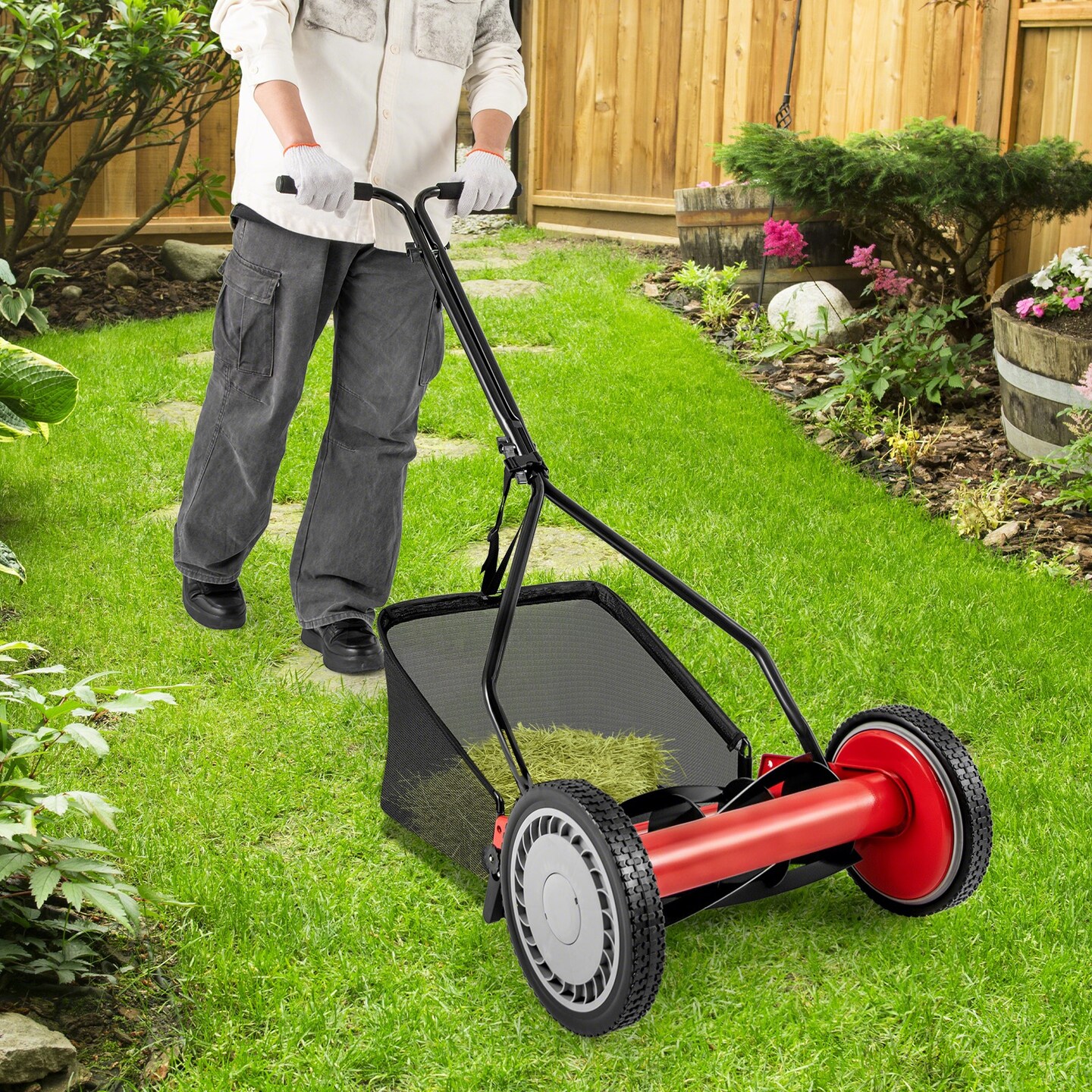 Manual Reel Push Lawn Mower 14 Inch Cutting Width 4 Height Adjustment