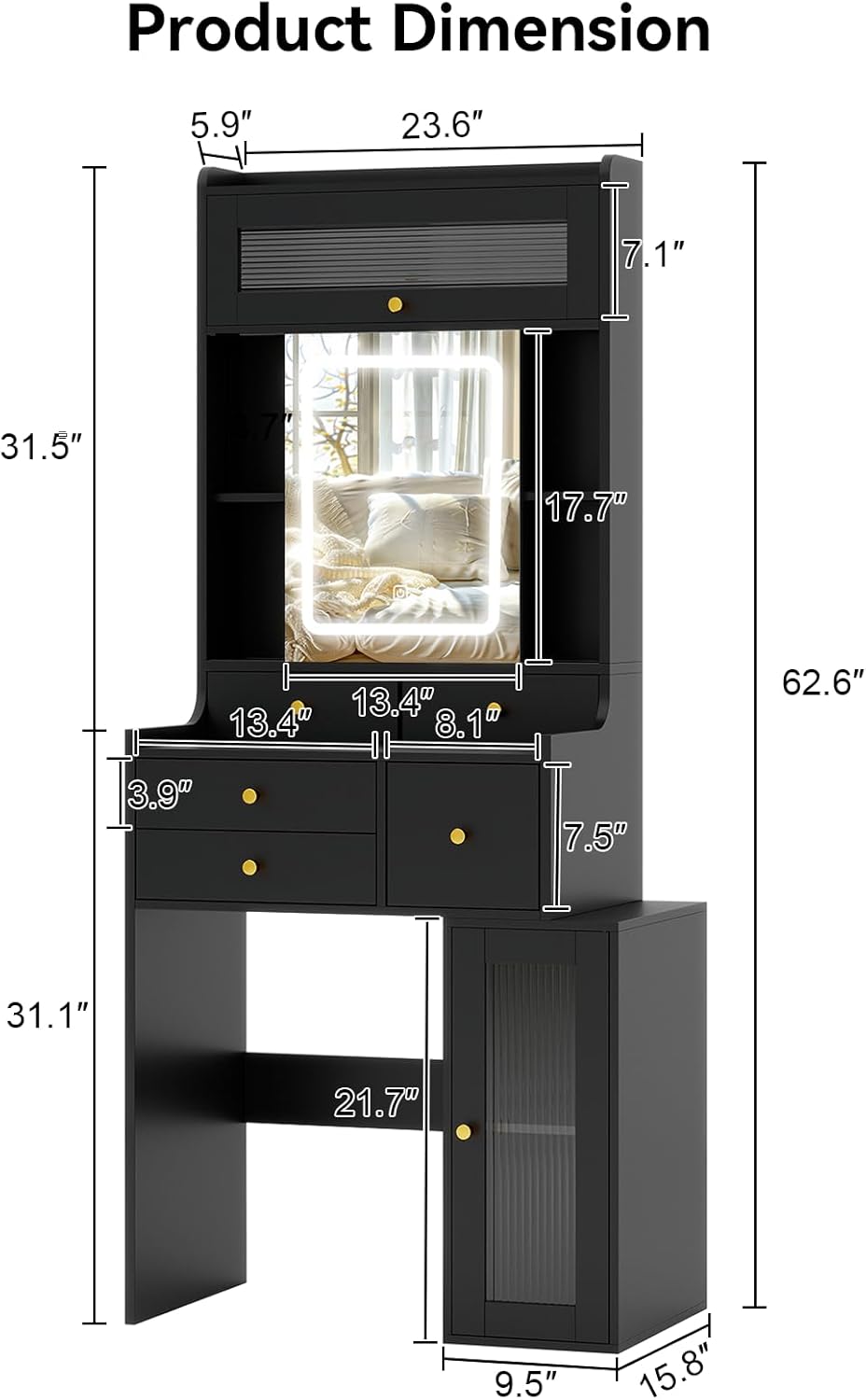 Small Vanity Desk with Sliding Mirror and Lights Black Makeup Vanities Set with Drawers Compact Dressing Table with Cabinet and Adjustable Shelves for Bedroom