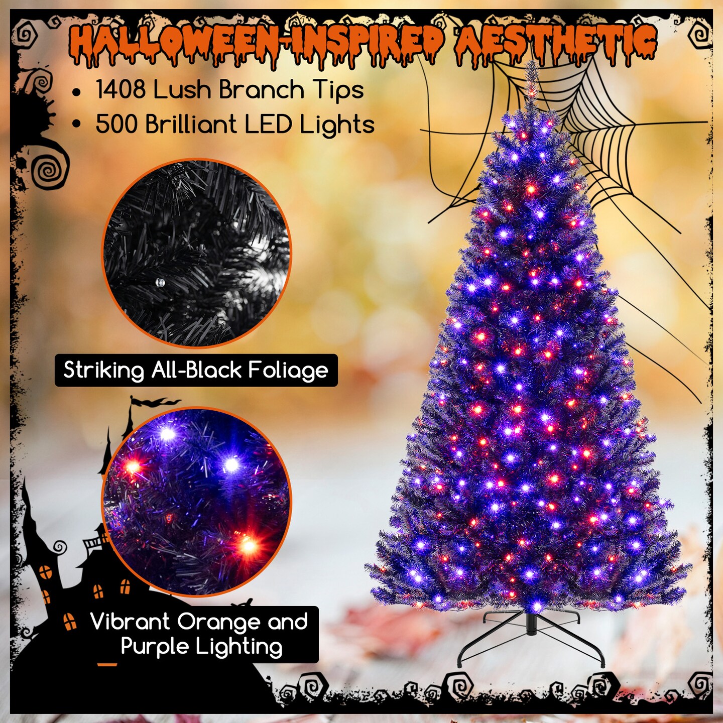 Artificial Christmas Tree with 6 Lighting Modes and Spooky Sounds for Halloween Decoration