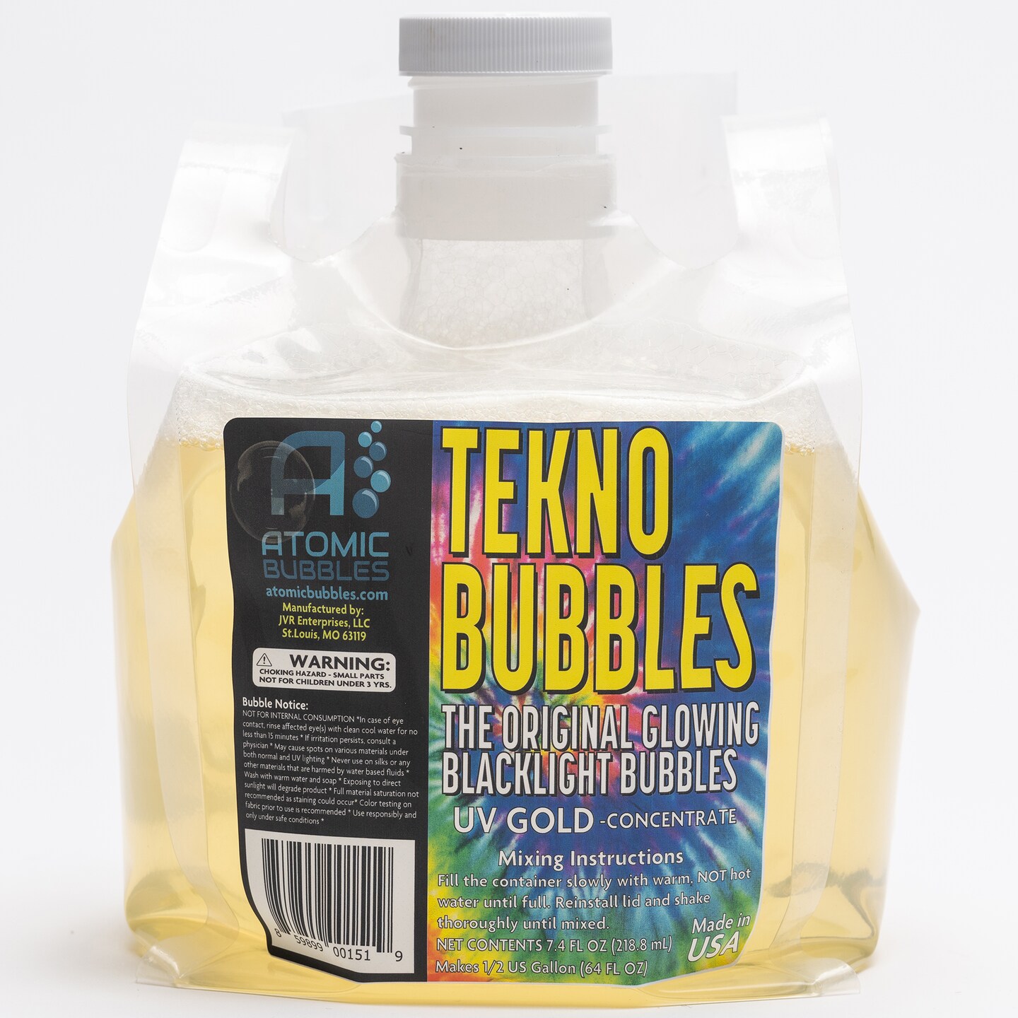 Atomic Bubbles: Tekno Bubbles 64oz Smart Pouch Refill - Gold - UV Blacklight Glow Bubbles, Glow Parties, Indoor &#x26; Outdoor, Safe For Kids, Non-Toxic