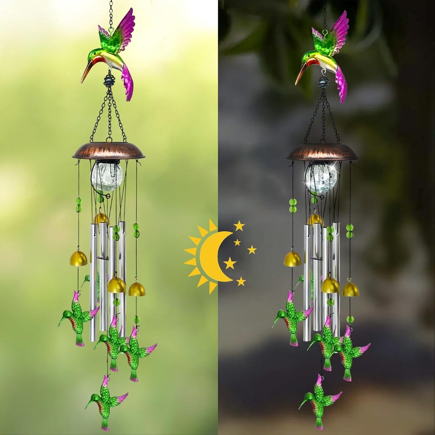 Solar Wind Chimes for Outside, 33.5 Inch Hummingbird Wind Chimes Outdoors with Crackled Glass Ball Decorative