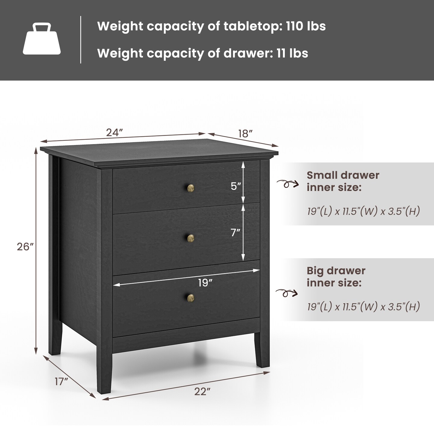 Nightstand Beside End Side Table Organizer with 3 Drawers