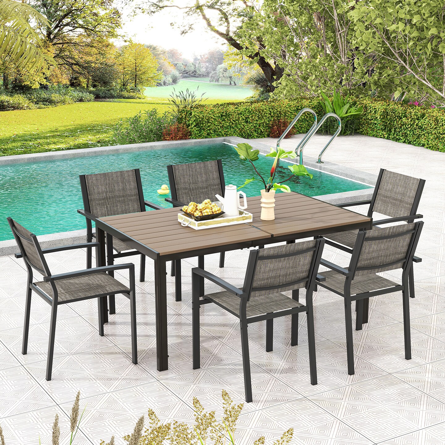 Set of 6 Stackable Patio Chair with Breathable Fabric Seat - 24&#x22; x 21.5&#x22; x 34&#x22; (L x W x H)