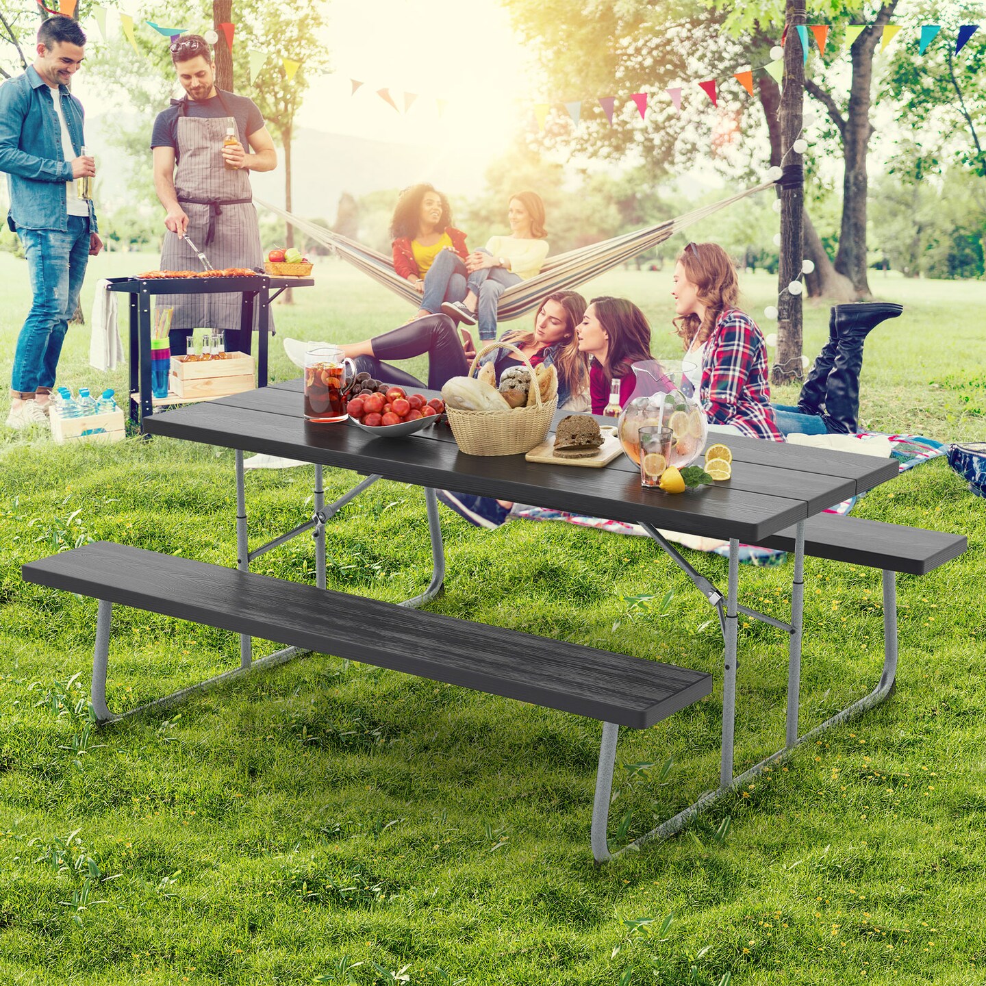 Folding Picnic Table Set with Metal Frame and All-Weather HDPE Tabletop, Umbrella Hole - 72&#x22; x 64&#x22; x 29&#x22; (L x W x H)