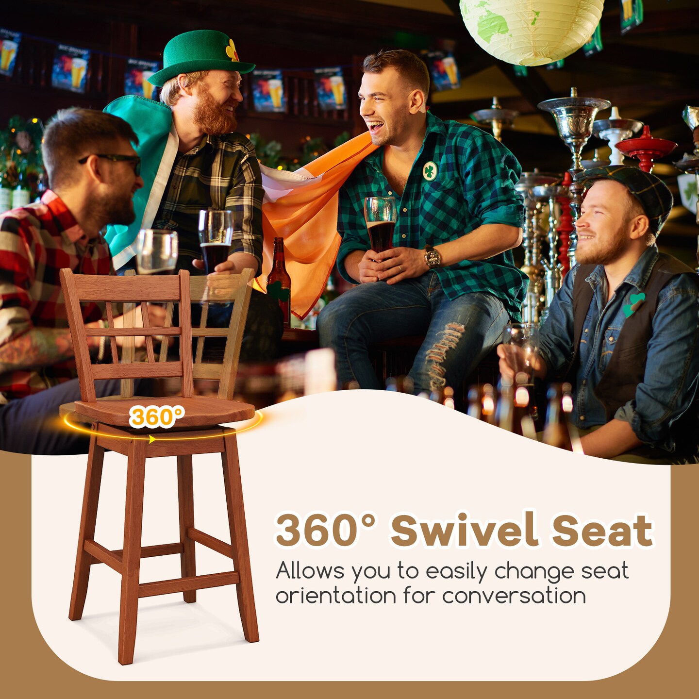 Set of 2 Counter Height Barstools with 6-Grid Hollow Back and Seat - 18&#x22; x 16&#x22; x 38&#x22;