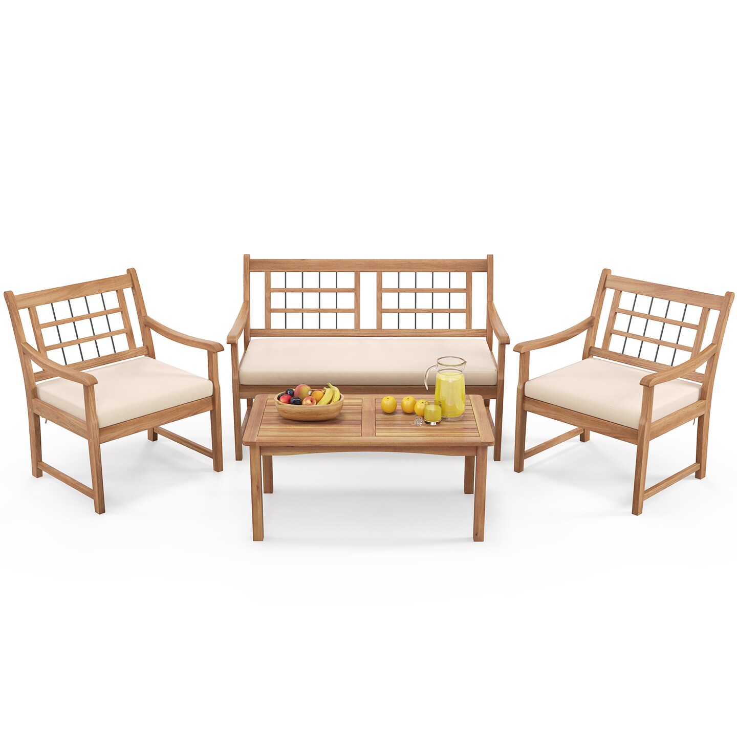 4 Piece Wood Patio Furniture with Armchairs Loveseat and Coffee Table