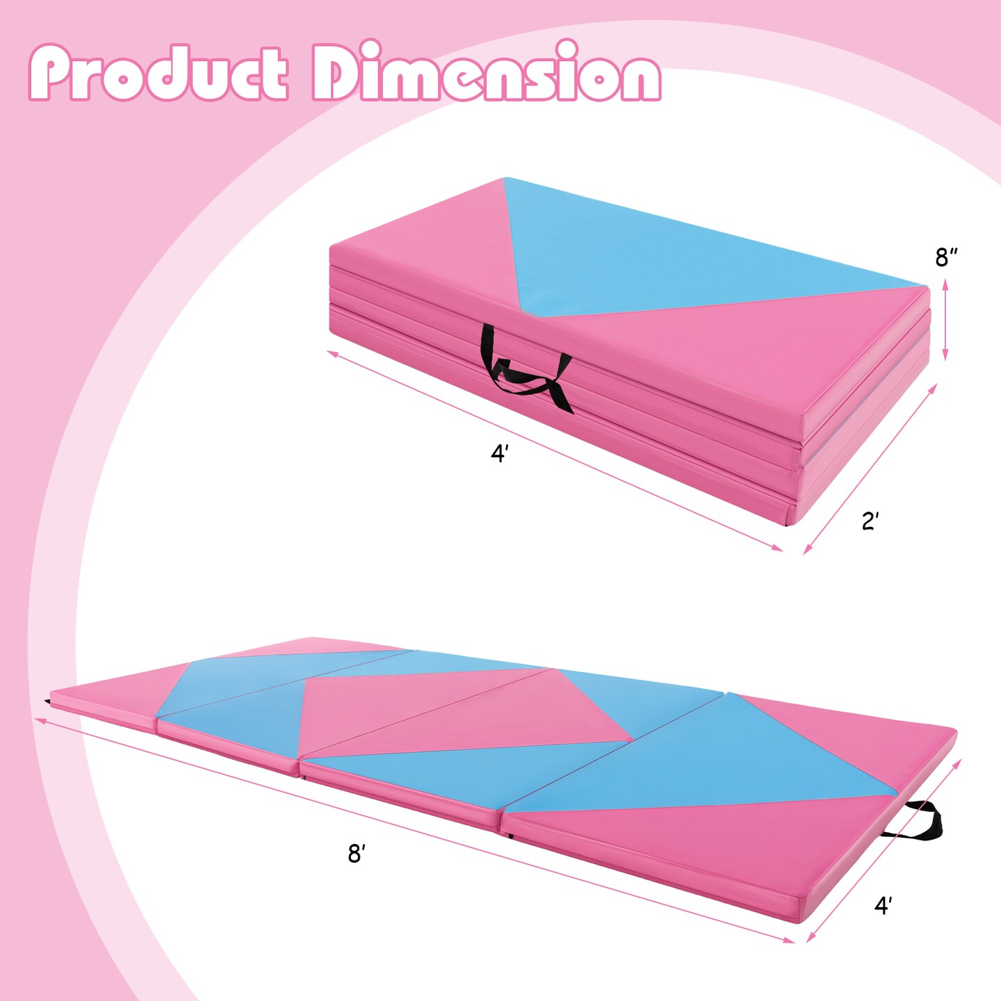 8 Feet PU Leather Folding Gymnastics Mat with Removable Zippered Cover and Hook and Loop Fasteners
