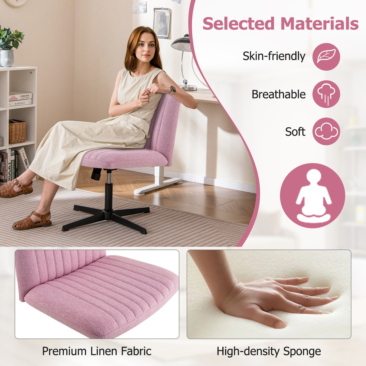 Adjustable Height Rocking Criss Cross Legged Armless Chair with Metal Base and Ergonomic Backrest