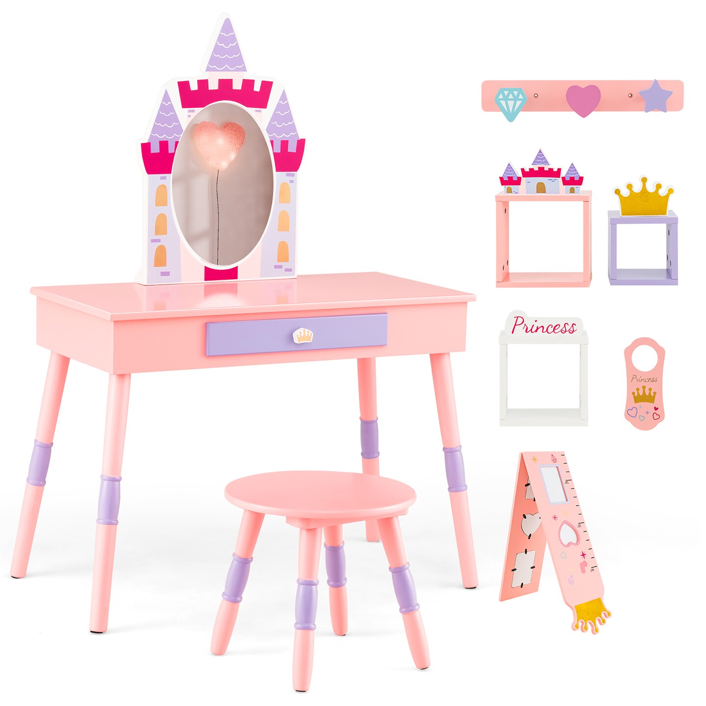Costway Kids Vanity Set Princess Makeup Pretend Play Dressing Mirror Castle Girls Pink