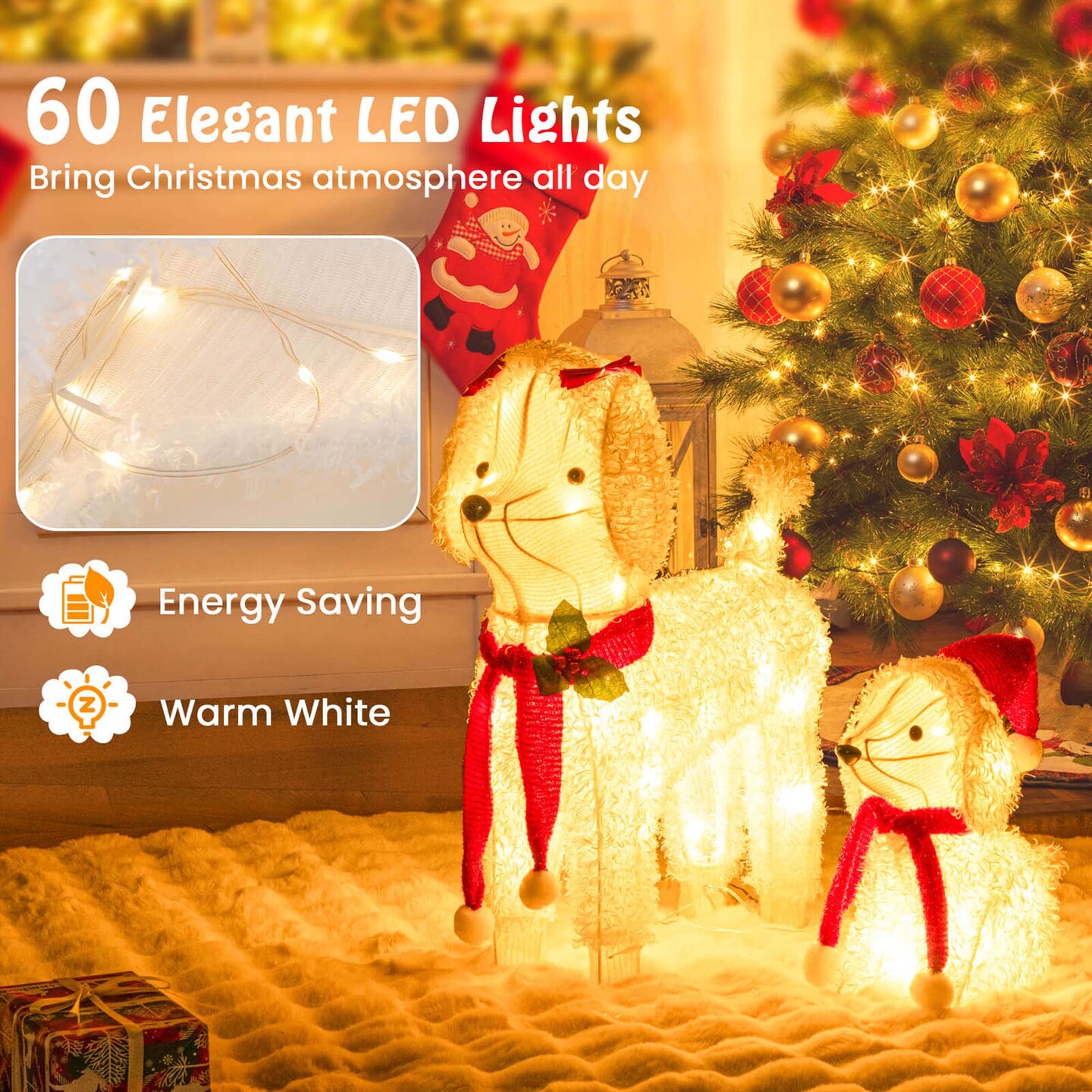 Costway Pre-lit Mama &#x26; Baby Poodle Dogs 60 Warm White LED Lights Red Hat &#x26; Scarf