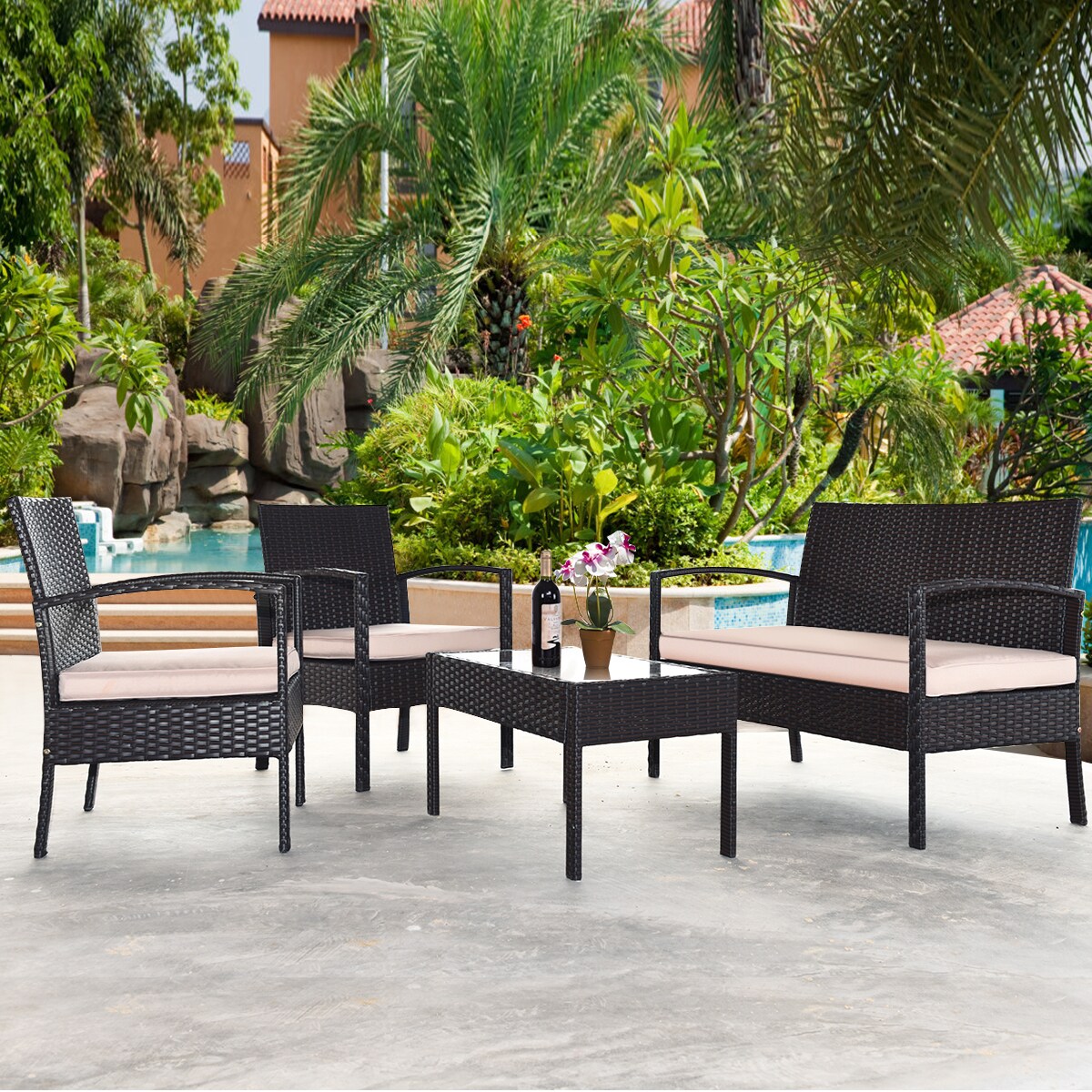 Costway 8PCS Patio Rattan Conversation Furniture Set Cushioned Seat Glass Table