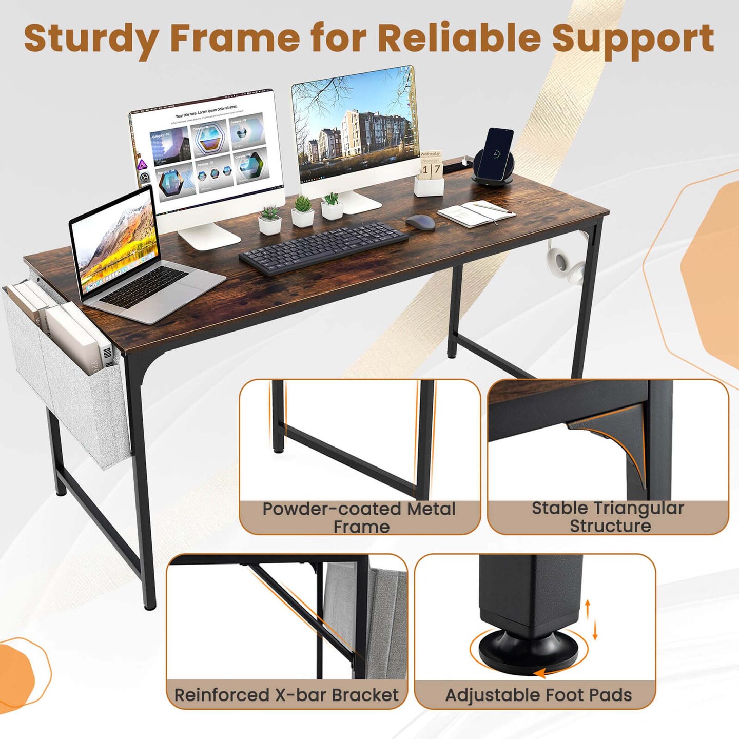 Costway 60&#x22; Modern Computer Desk with Charging Station with Storage Bag &#x26; Headphone Hook Borwn