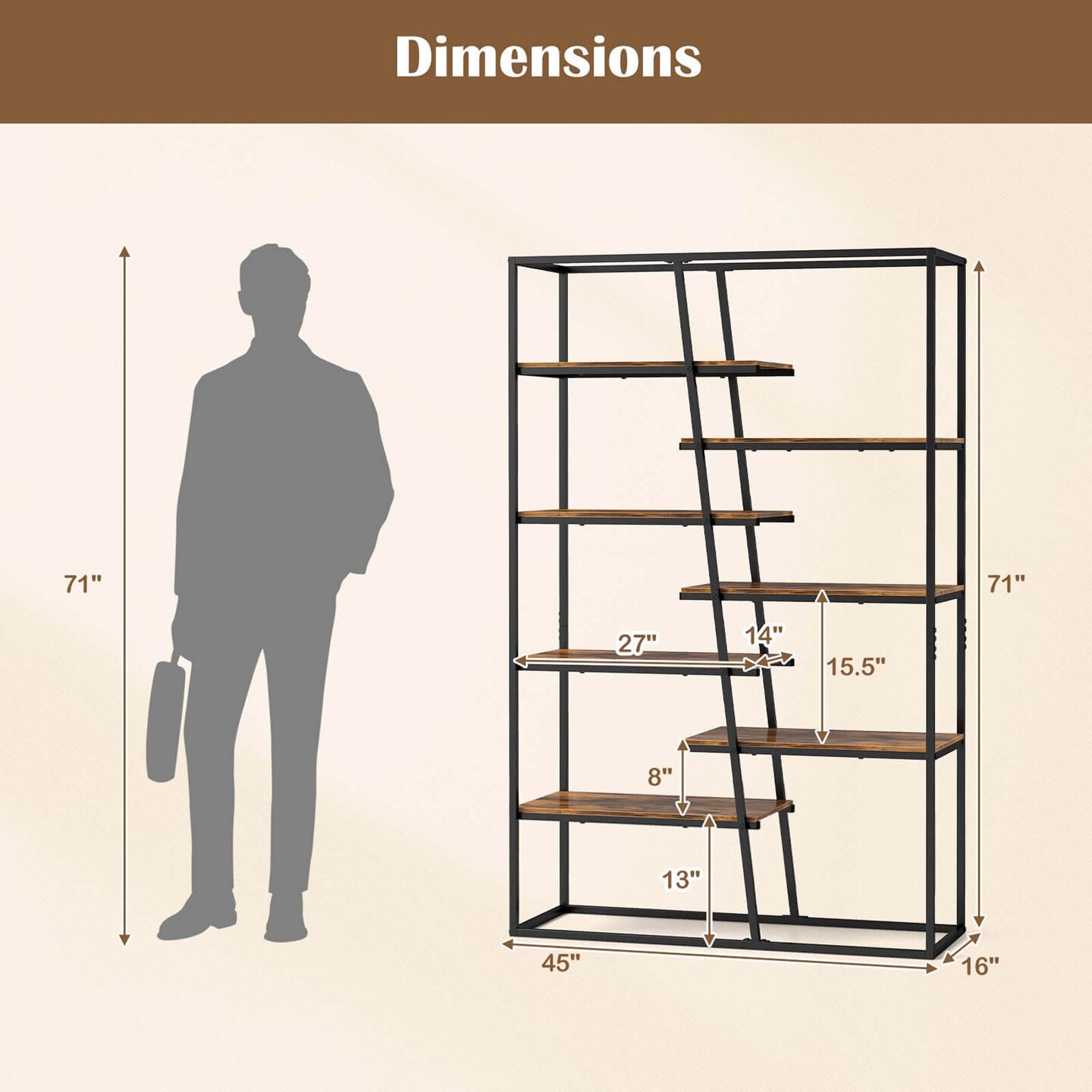 Costway 71" Tall Bookshelf with Heavy-duty Metal Frame 7-Tier Industrial Etagere Bookcase