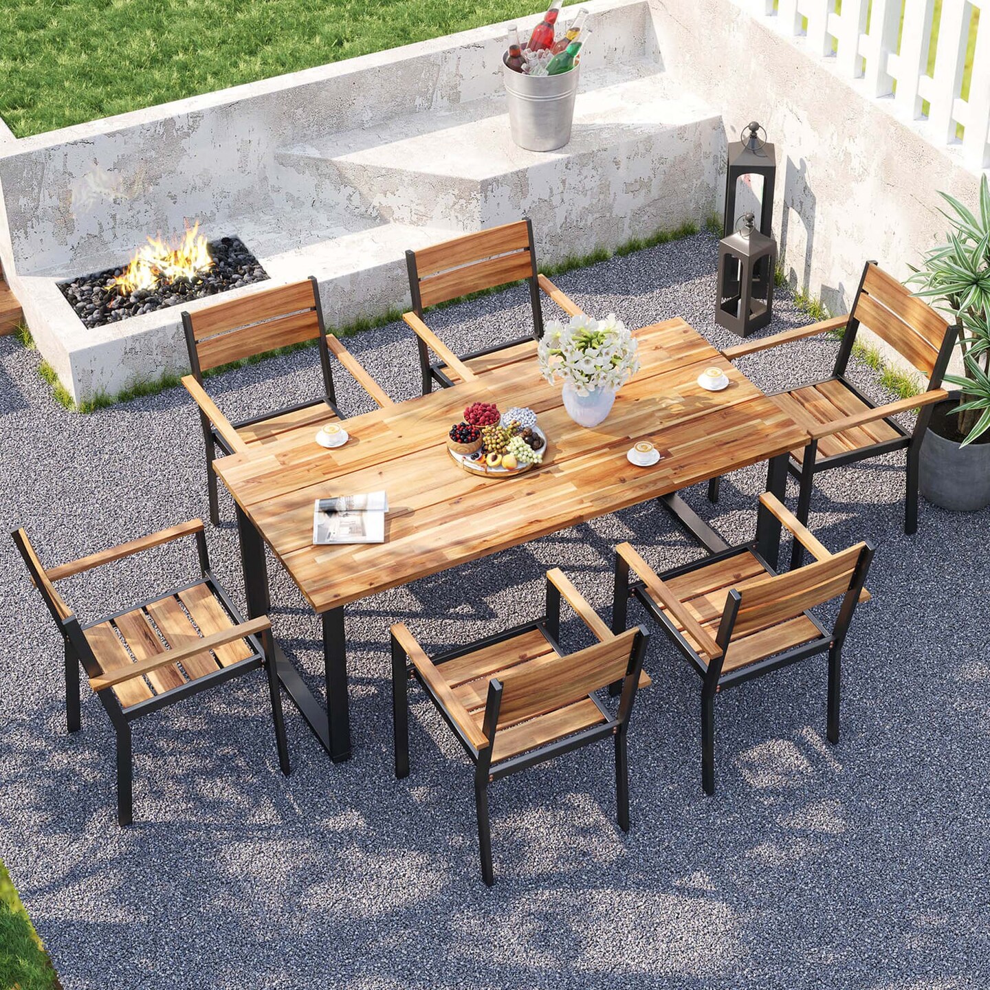 Costway 7 PCS Acacia Wood Patio Dining Set 6 Armchairs and 69" Table with 2" Umbrella Hole