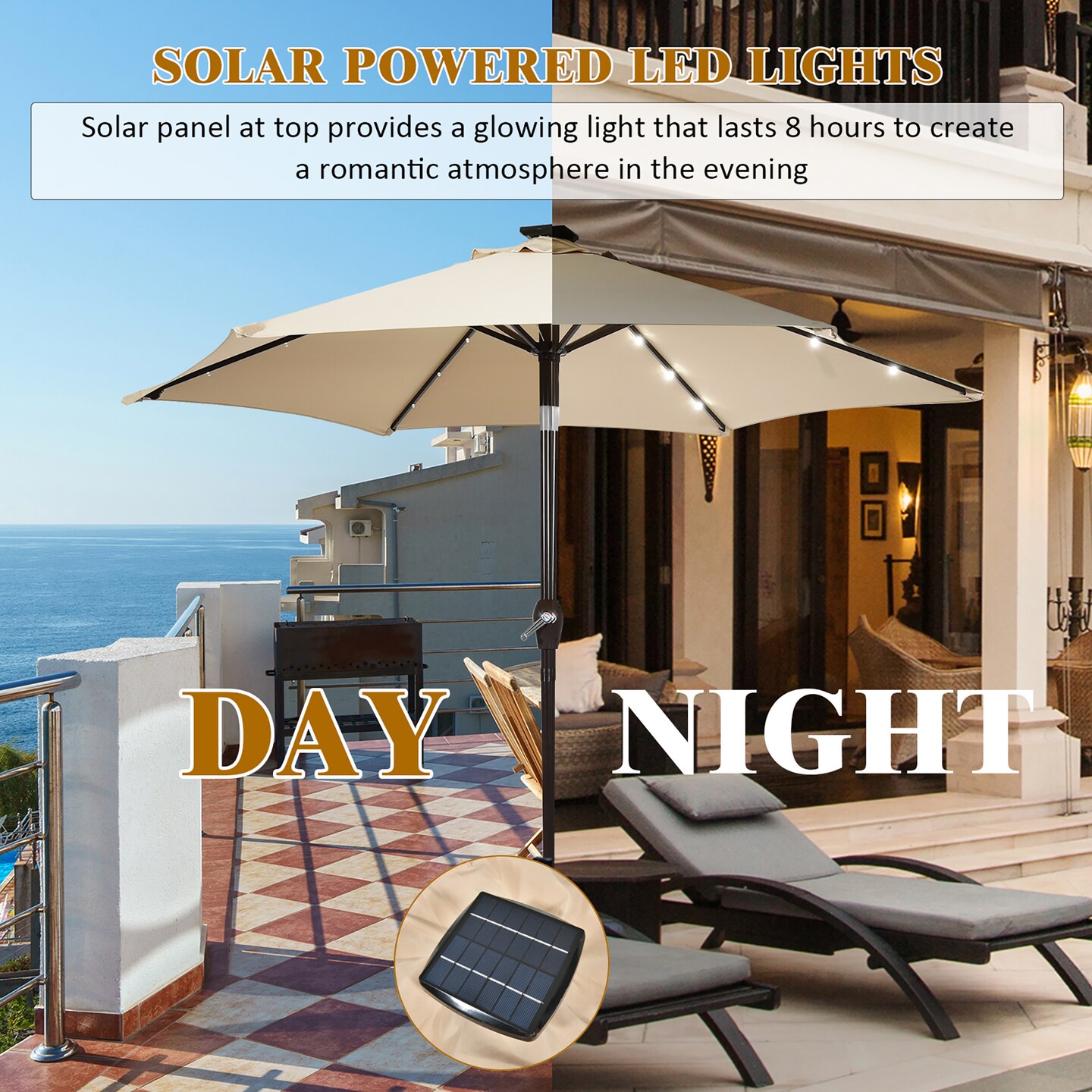 Costway 9' Solar LED Lighted Patio Market Umbrella Tilt Adjustment Crank Lift