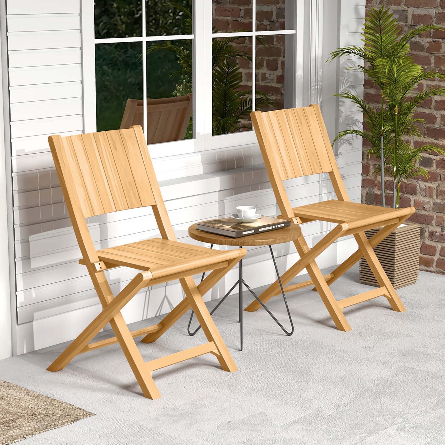Costway 2/4 PCS Folding Patio Chairs with Inclined Backrest Teak Wood Outdoor Dining Chairs