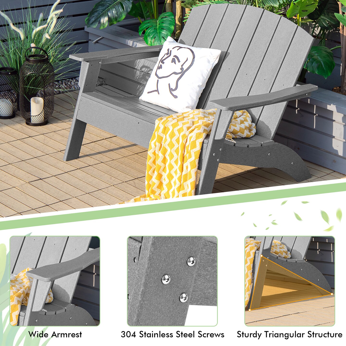 Costway Patio Adirondack Chair Loveseat Bench HDPE Weather Resistant Deck Grey