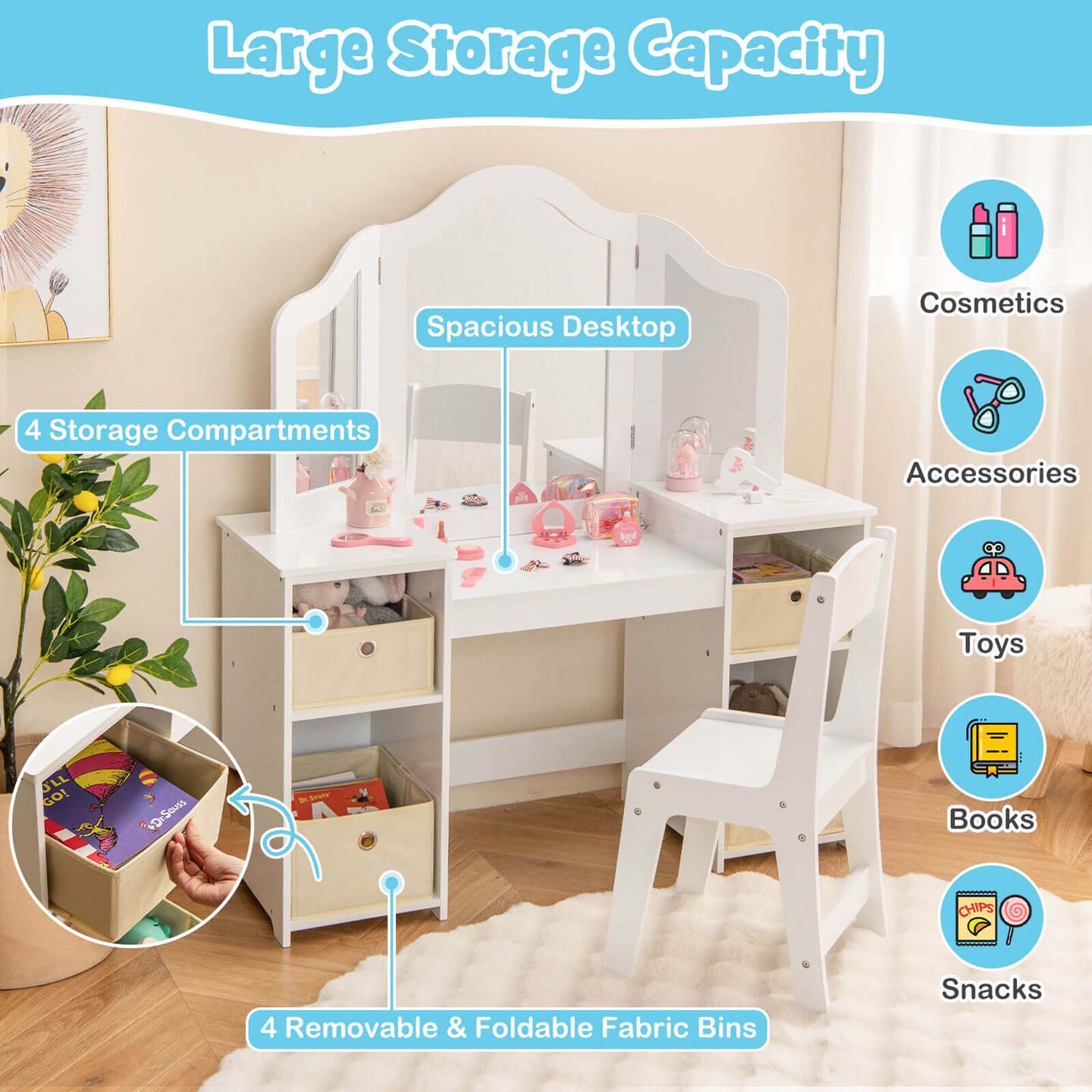 Costway Kids Vanity Table & Chair Set 2-in-1 Princess Pretend Play Makeup Vanity Set Pink/White