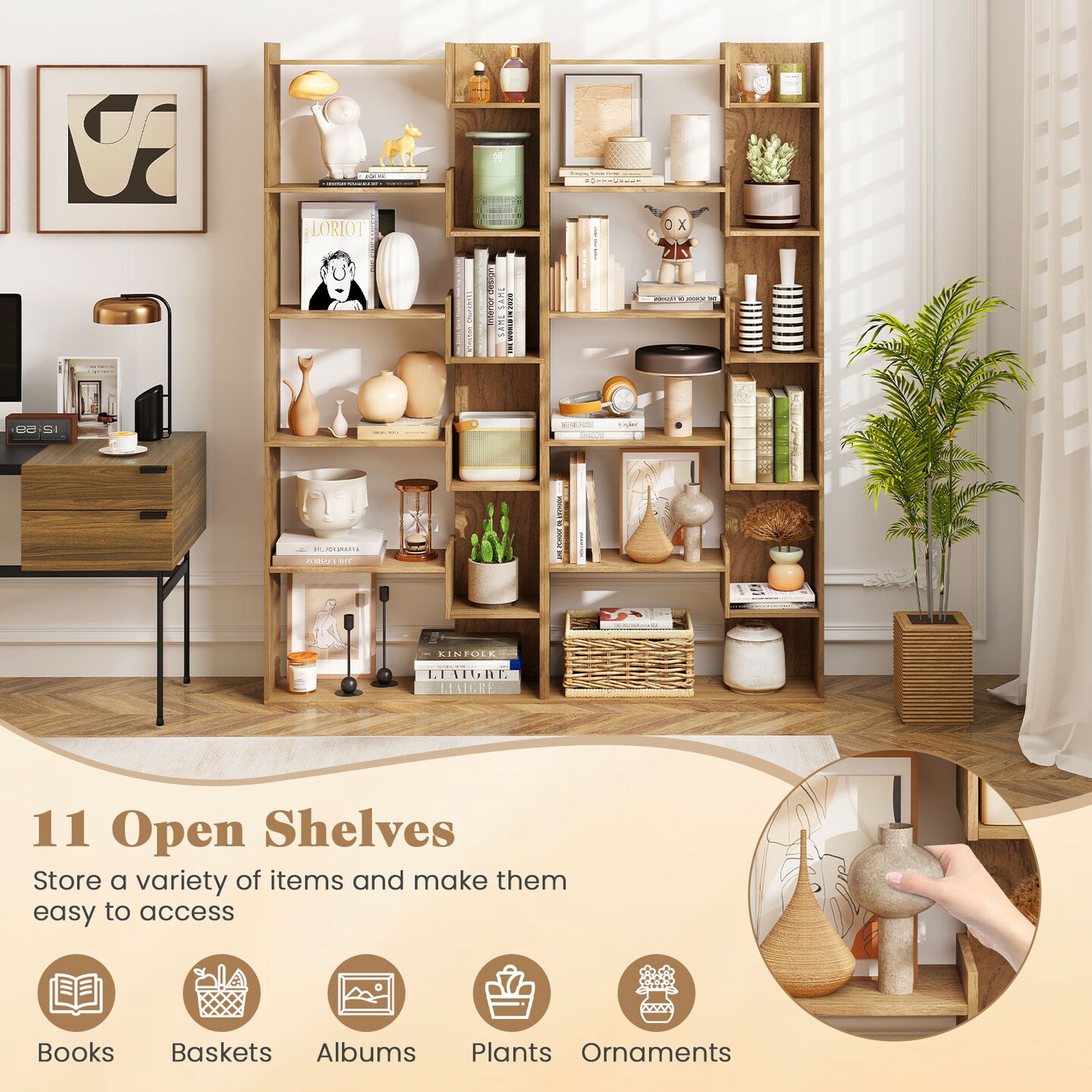 Costway 1/2 PCS 6-tier Bookshelf Tall Display Shelf with 11 Open Shelves 2 Anti-tipping Kits Black/Natural/White