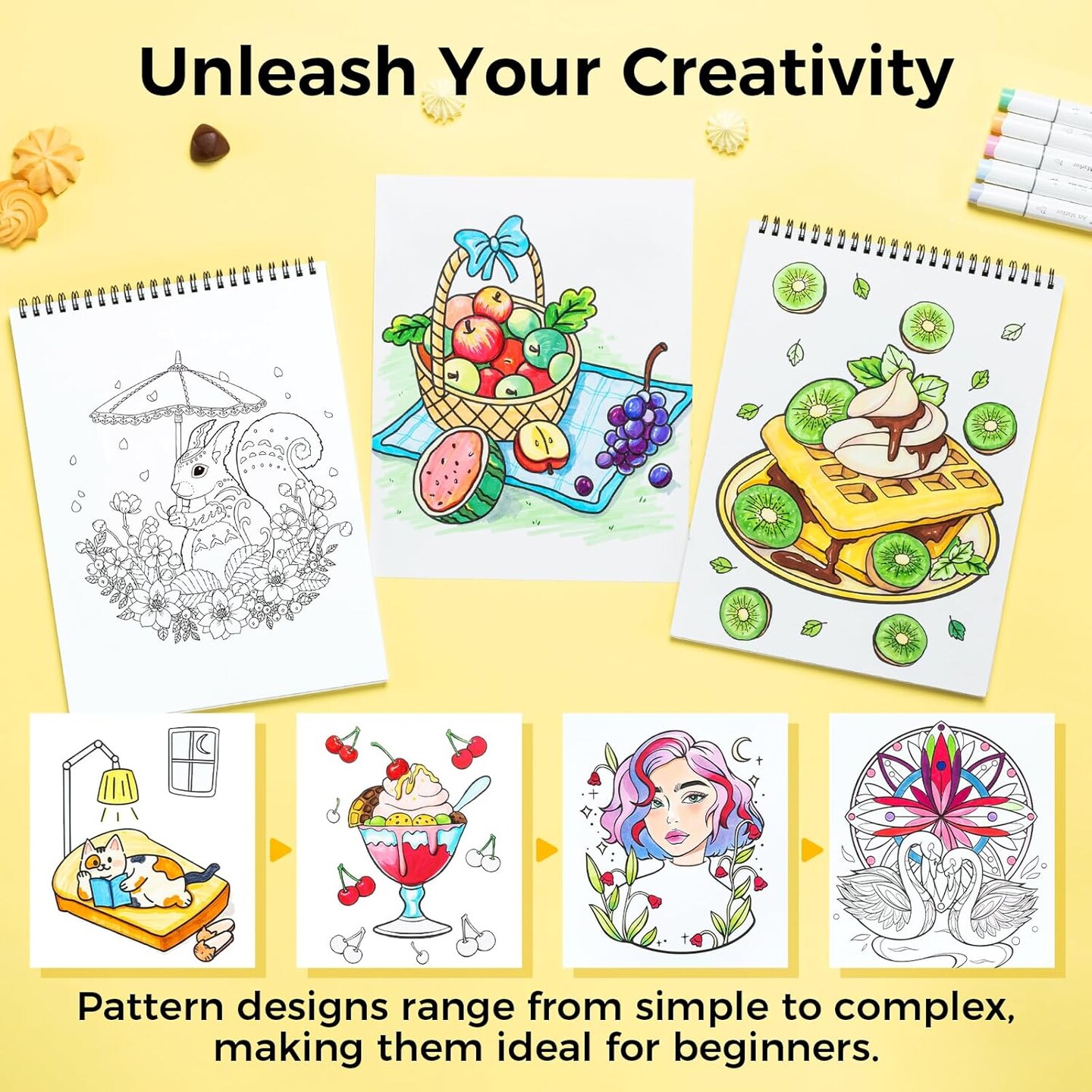 Ohuhu Double-Sided Bleedproof Coloring Book for Alcohol Markers - 8&#x22;x10&#x22; Coloring Books - Stress-Relieving Animal Mandala Flower Dessert Portrait Designs for Adults and Teens